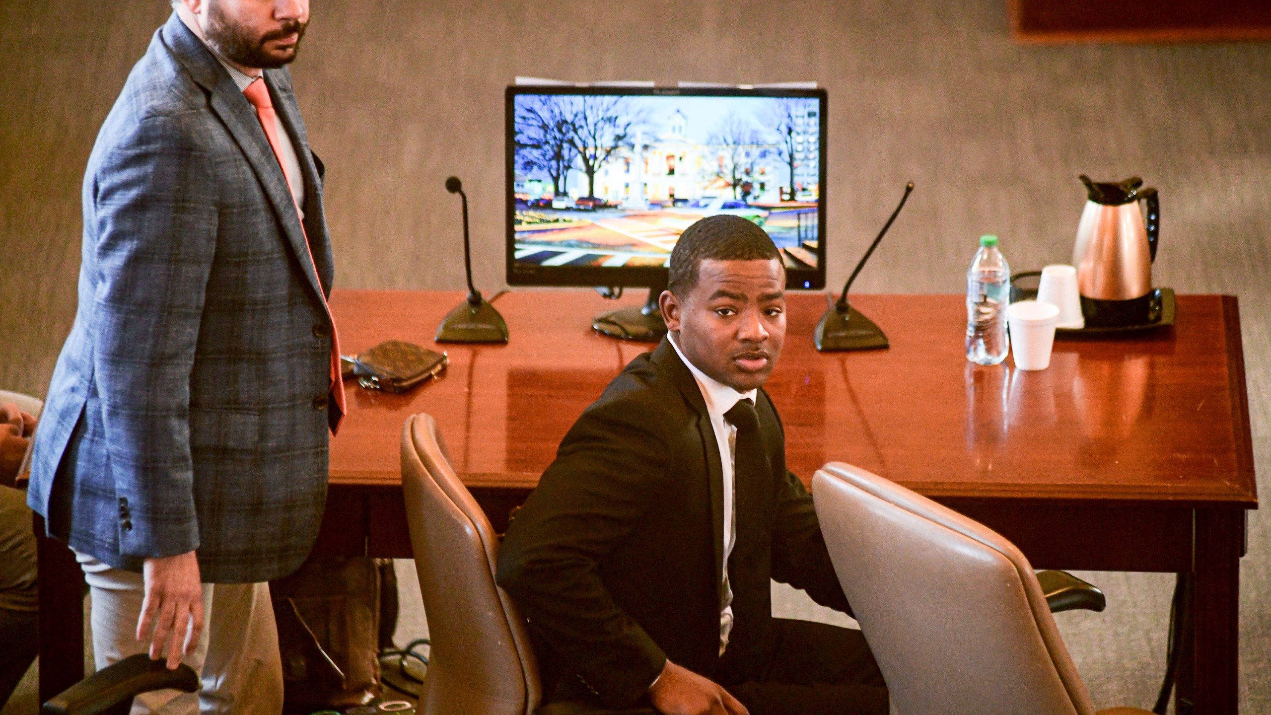 Sheldon "Timothy" Herrington Jr., who is on trial for the murder of University of Mississippi student Jimmie "Jay" Lee, gets up from the defense table as the jury is sent back for further deliberations, at the Lafayette County Courthouse in Oxford, Miss., on Wednesday, Dec. 11, 2024. (Bruce Newman/The Northeast Mississippi Daily Journal, via AP, Pool)