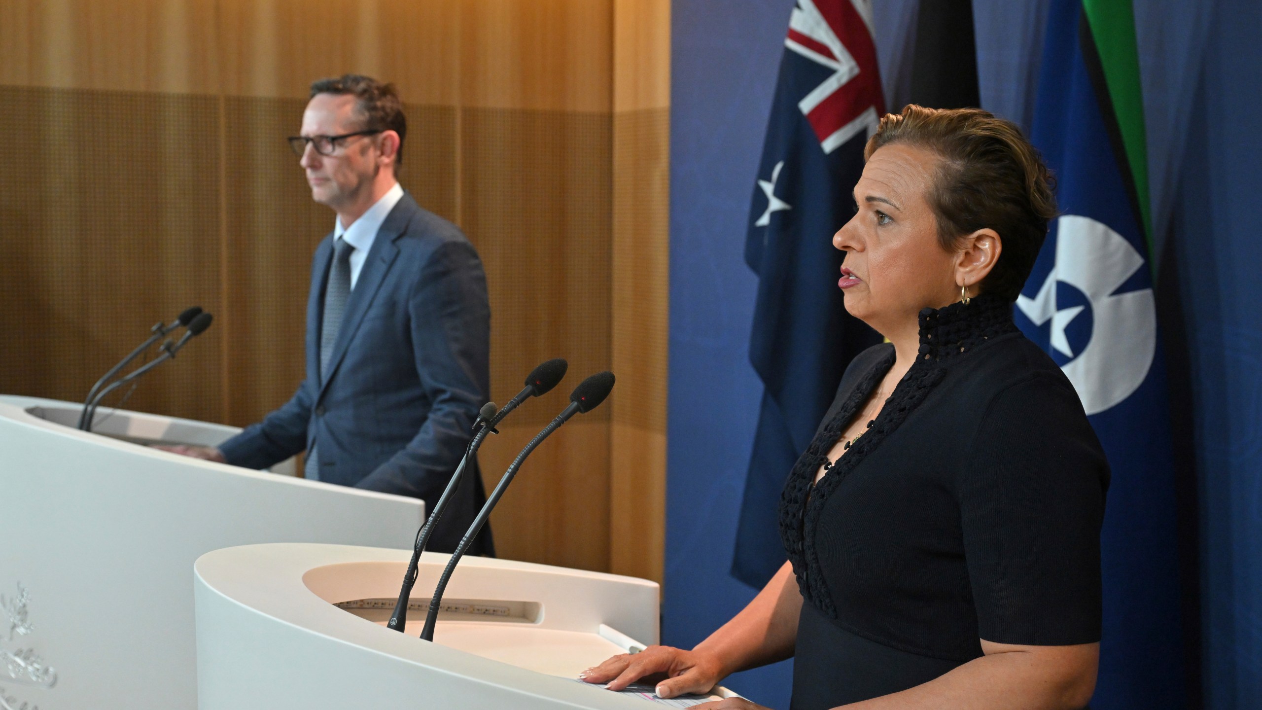 Assistant Treasurer Stephen Jones, left, and Minister for Communications Michelle Rowland attend a press conference in Sydney, Thursday, Dec. 12, 2024. (Mick Tsikas/AAP Image via AP)