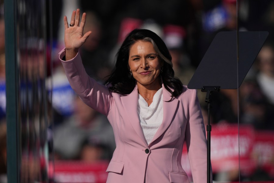 FILE - Tulsi Gabbard arrives to speak before Republican presidential nominee former President Donald Trump at a campaign rally in Lititz, Pa., Nov. 3, 2024. (AP Photo/Matt Rourke, File)