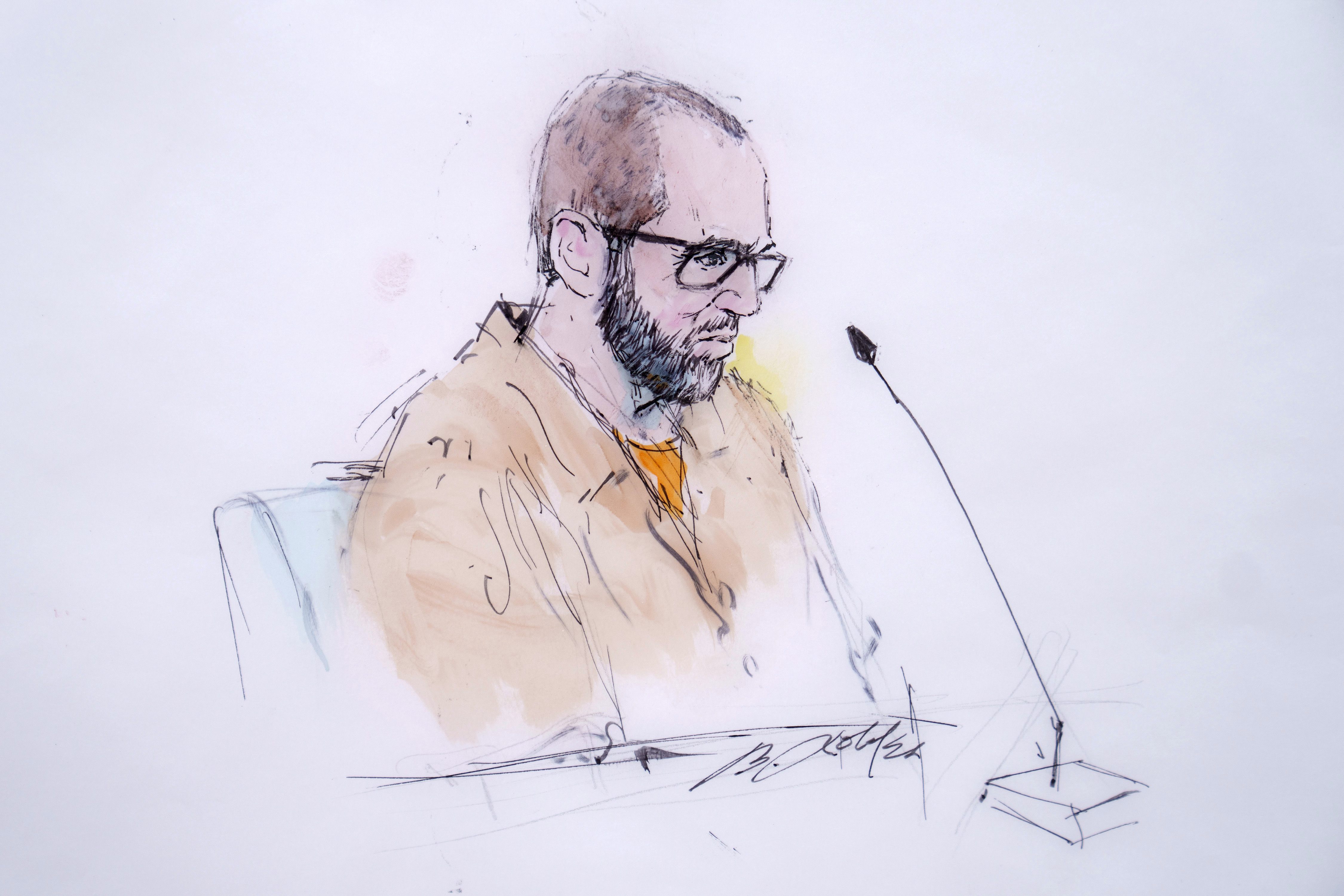 In this courtroom sketch, defendant Alexander Smirnov speaks in Federal court in Los Angeles, Feb. 26, 2024. (William T. Robles via AP)