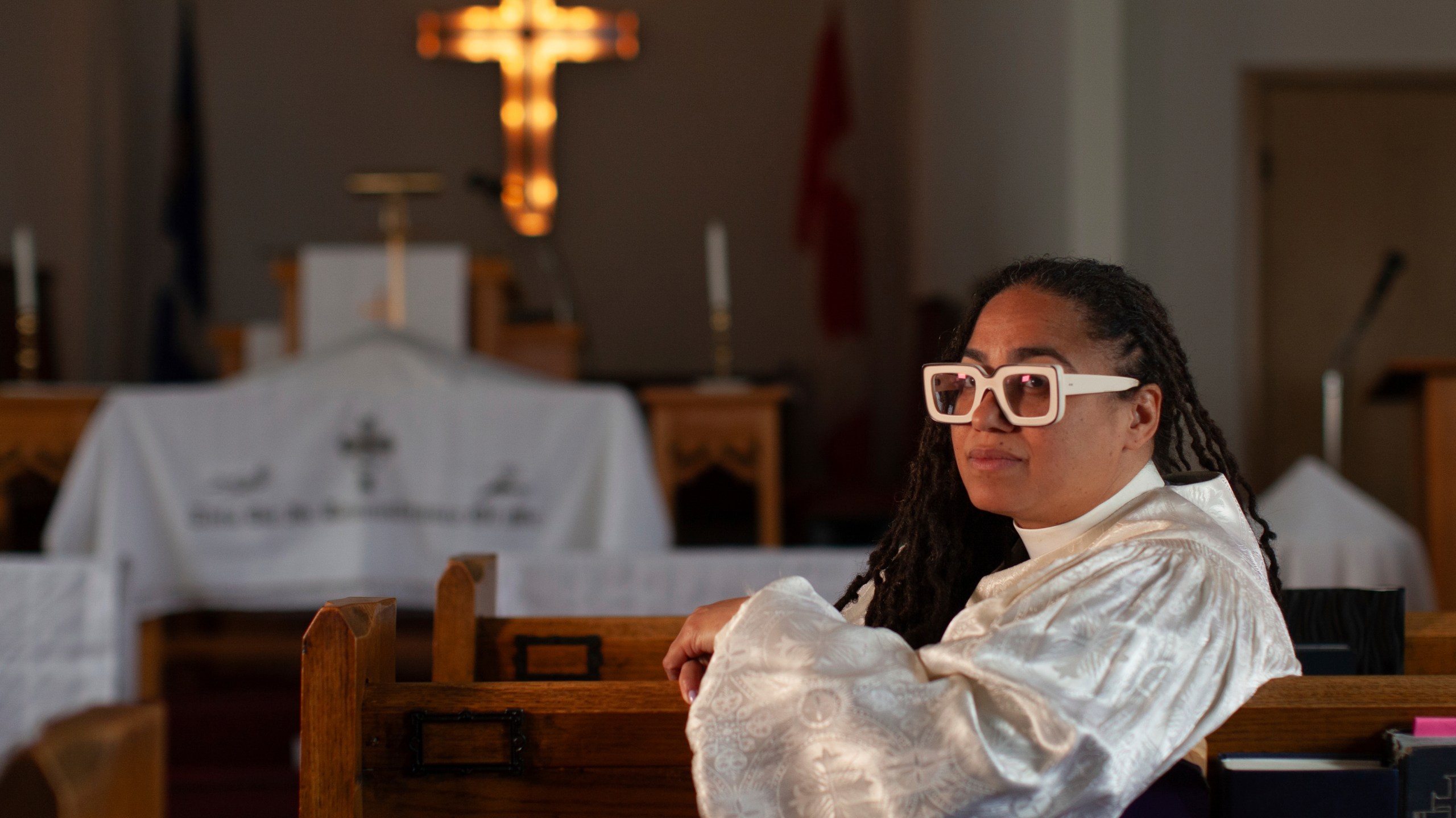 The Rev. Jennifer Susanne Leath poses for a photo at Tanner-Price AME Church in Windsor, Ont., Sunday, Oct. 6, 2024. (AP Photo/Dax Melmer)