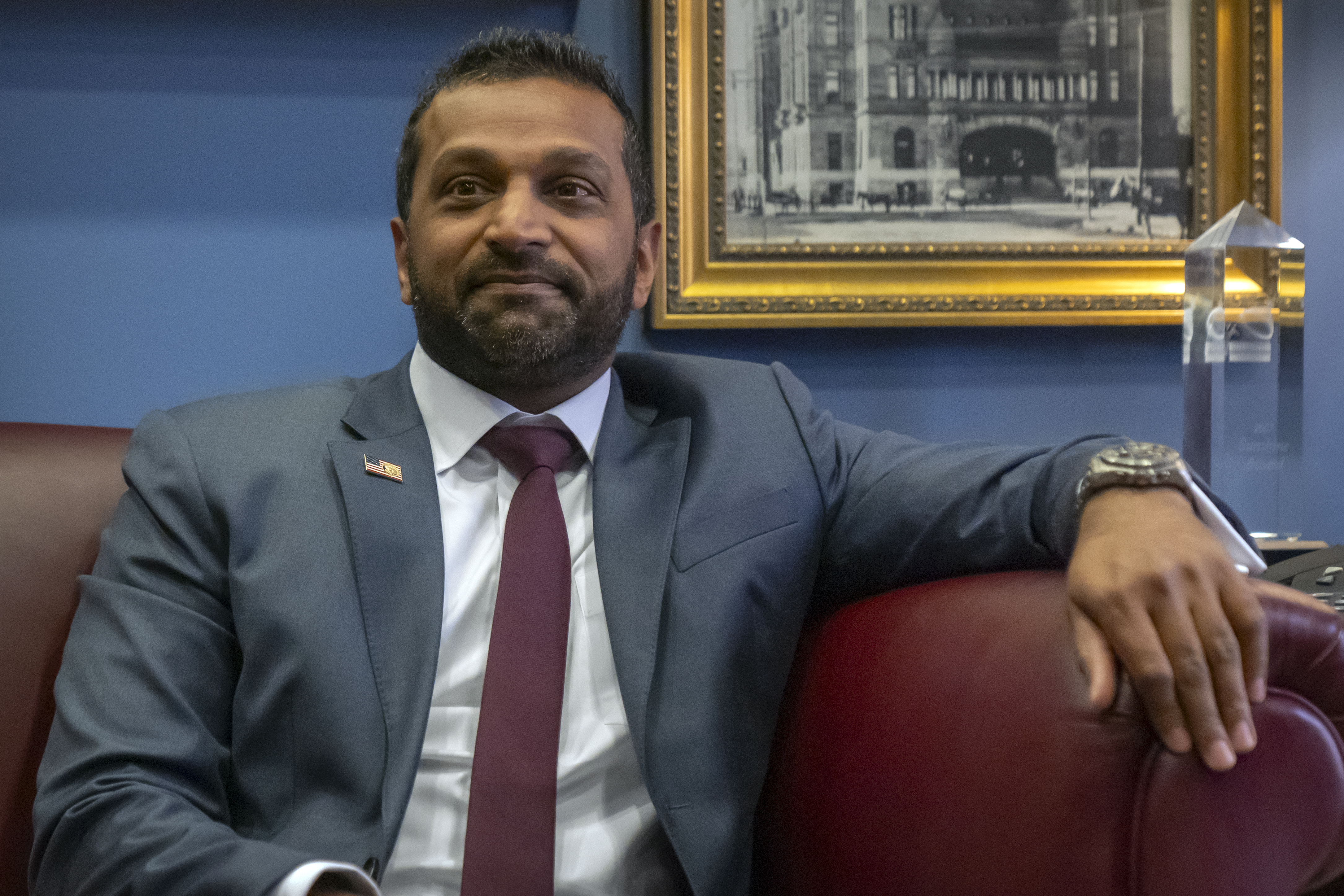 Kash Patel, President-elect Donald Trump's pick to be the director of the FBI, attends a meeting in the office of Sen. John Cornyn, R-Texas, on Capitol Hill, Monday, Dec. 9, 2024, in Washington. (AP Photo/Mark Schiefelbein)