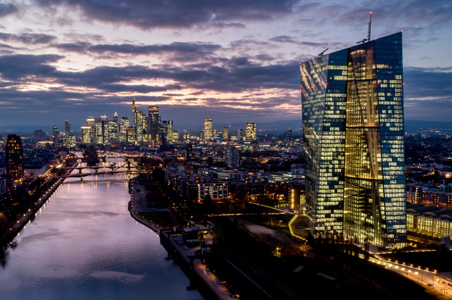 FILE - The European Central Bank, right, stands amid buildings in the banking district of Frankfurt, Germany, Nov. 12, 2024. (AP Photo/Michael Probst, File)