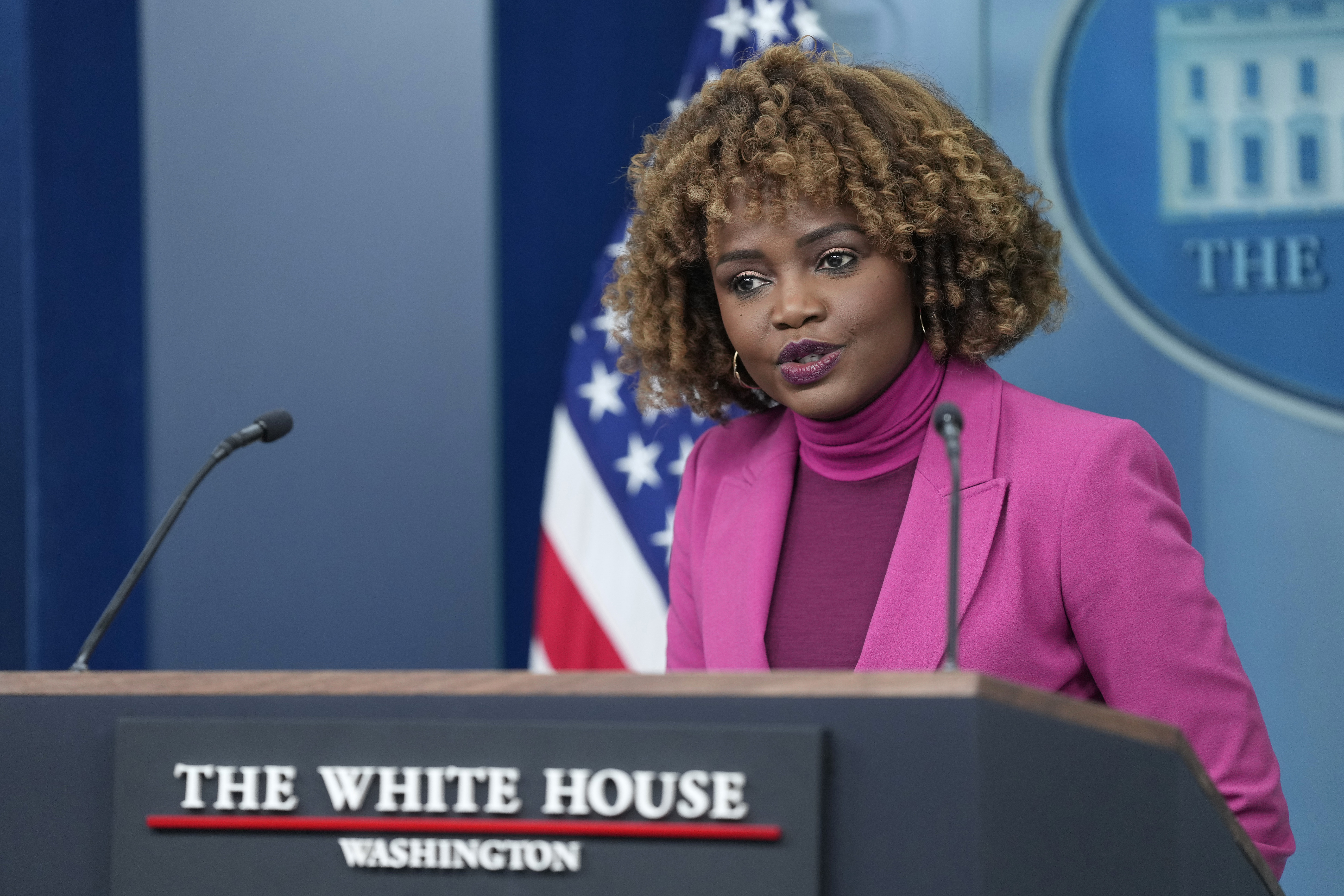 White House press secretary Karine Jean-Pierre speaks during the daily briefing at the White House in Washington, Thursday, Dec. 12, 2024. (AP Photo/Susan Walsh)