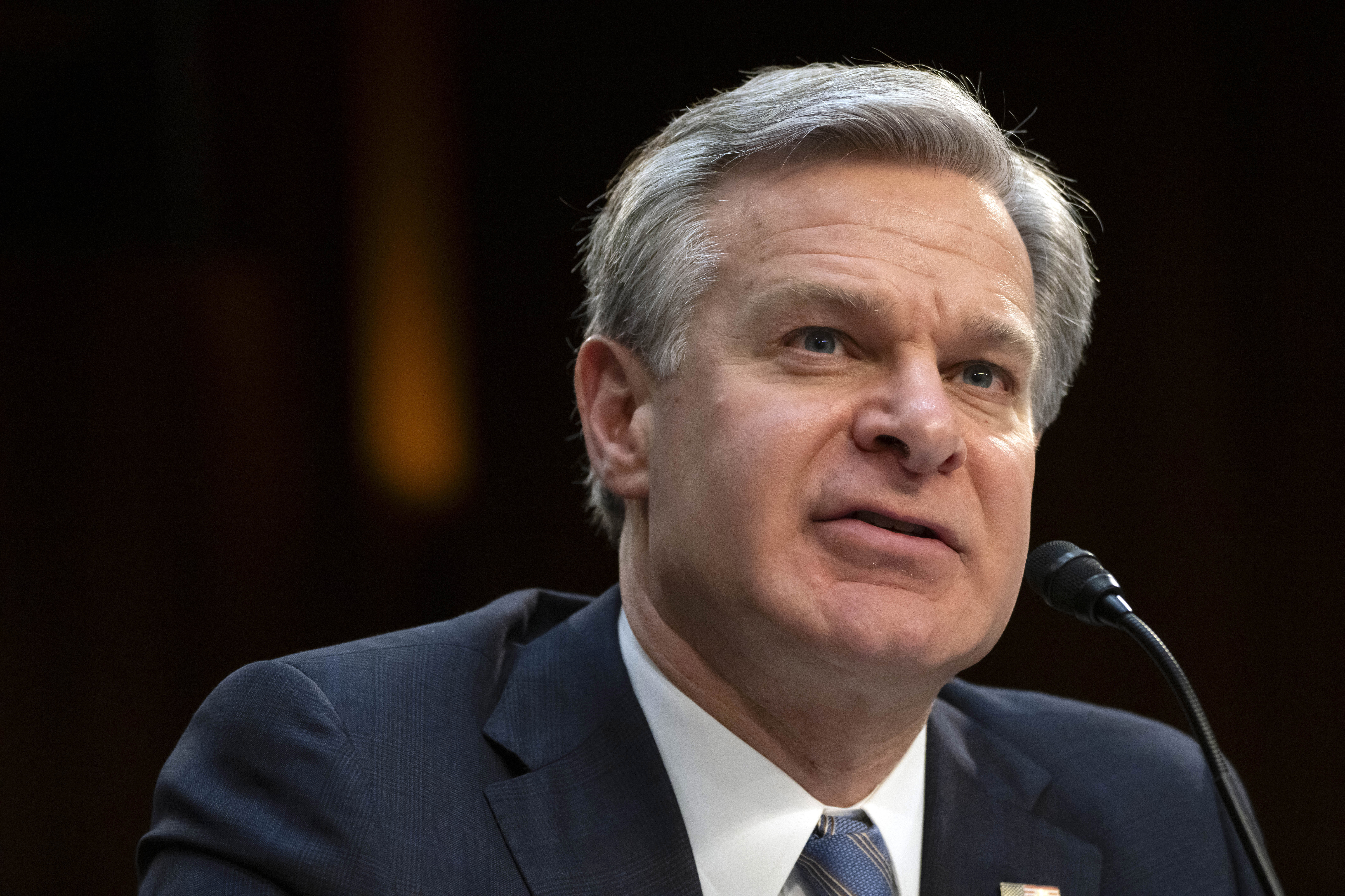 FILE - FBI Director Christopher Wray speaks during a hearing of the Senate Intelligence Committee on Capitol Hill, March 11, 2024, in Washington. (AP Photo/Mark Schiefelbein, File)