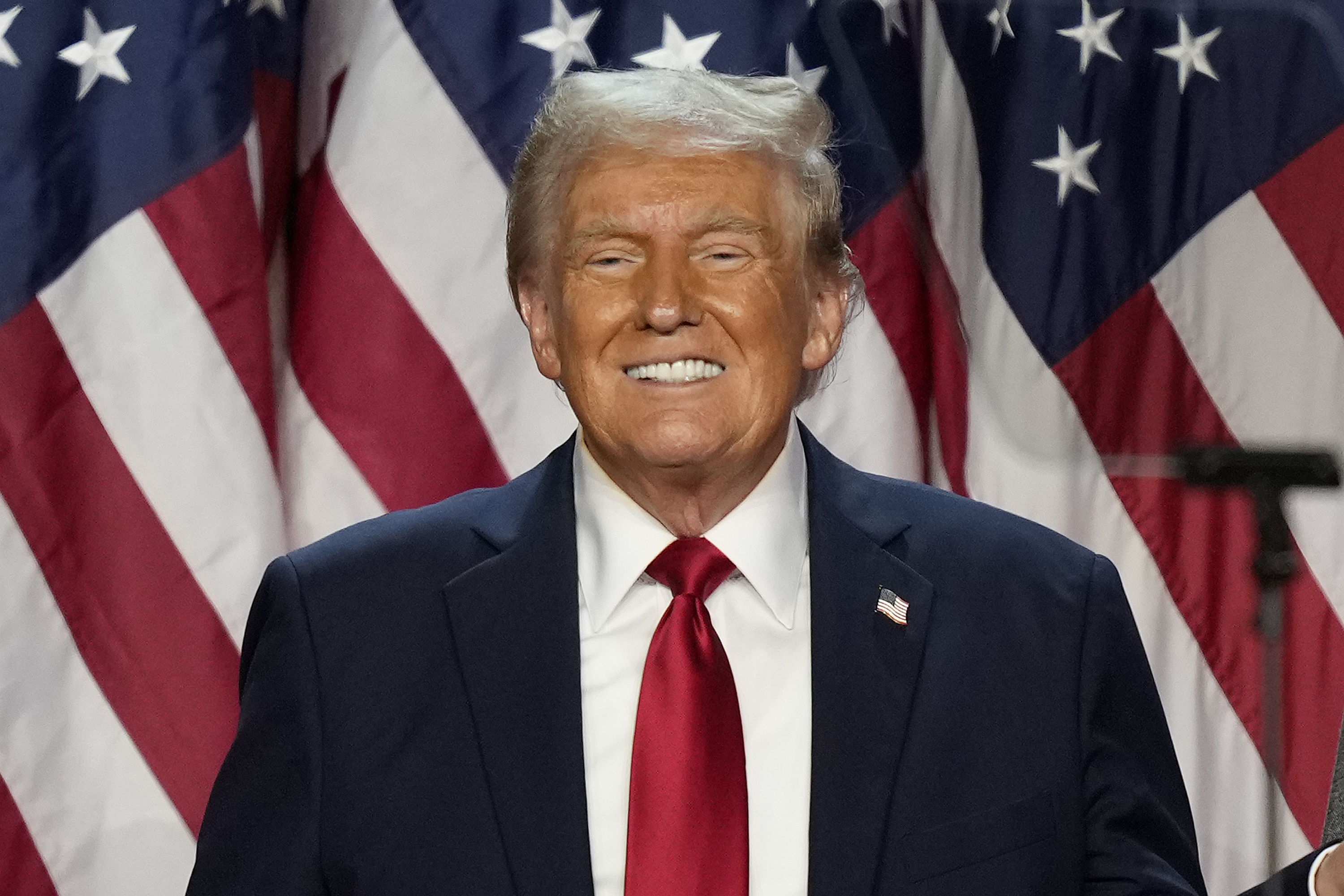 FILE - Republican presidential nominee former President Donald Trump smiles at an election night watch party early Nov. 6, 2024, in West Palm Beach, Fla. (AP Photo/Alex Brandon, File)