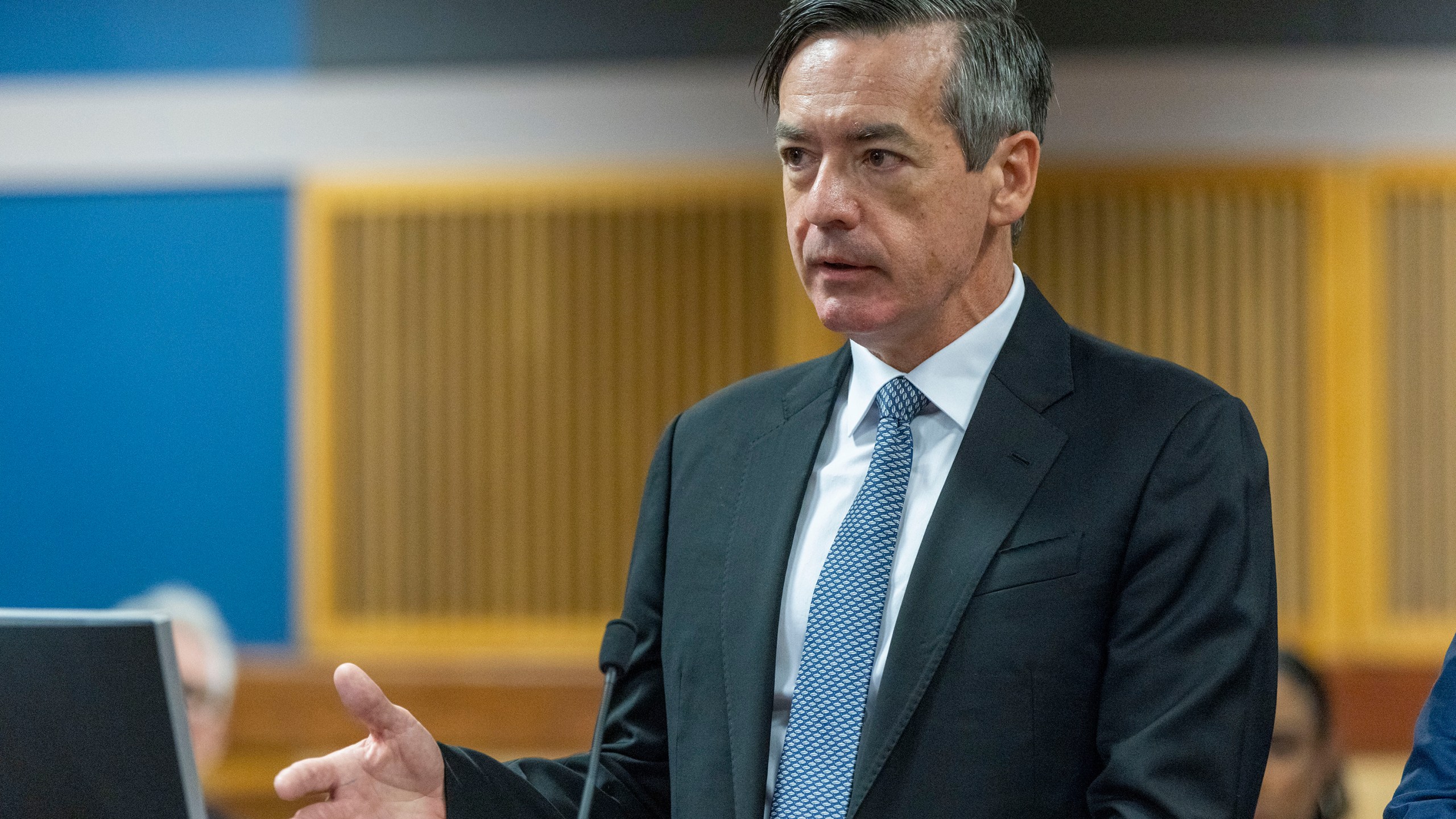 FILE - Kenneth Chesebro speaks to Fulton County Superior Court Judge Scott McAfee during a hearing where Chesebro accepted a plea deal from the Fulton County district attorney at the Fulton County Courthouse, Oct. 20, 2023, in Atlanta. (Alyssa Pointer/Pool Photo via AP, File)