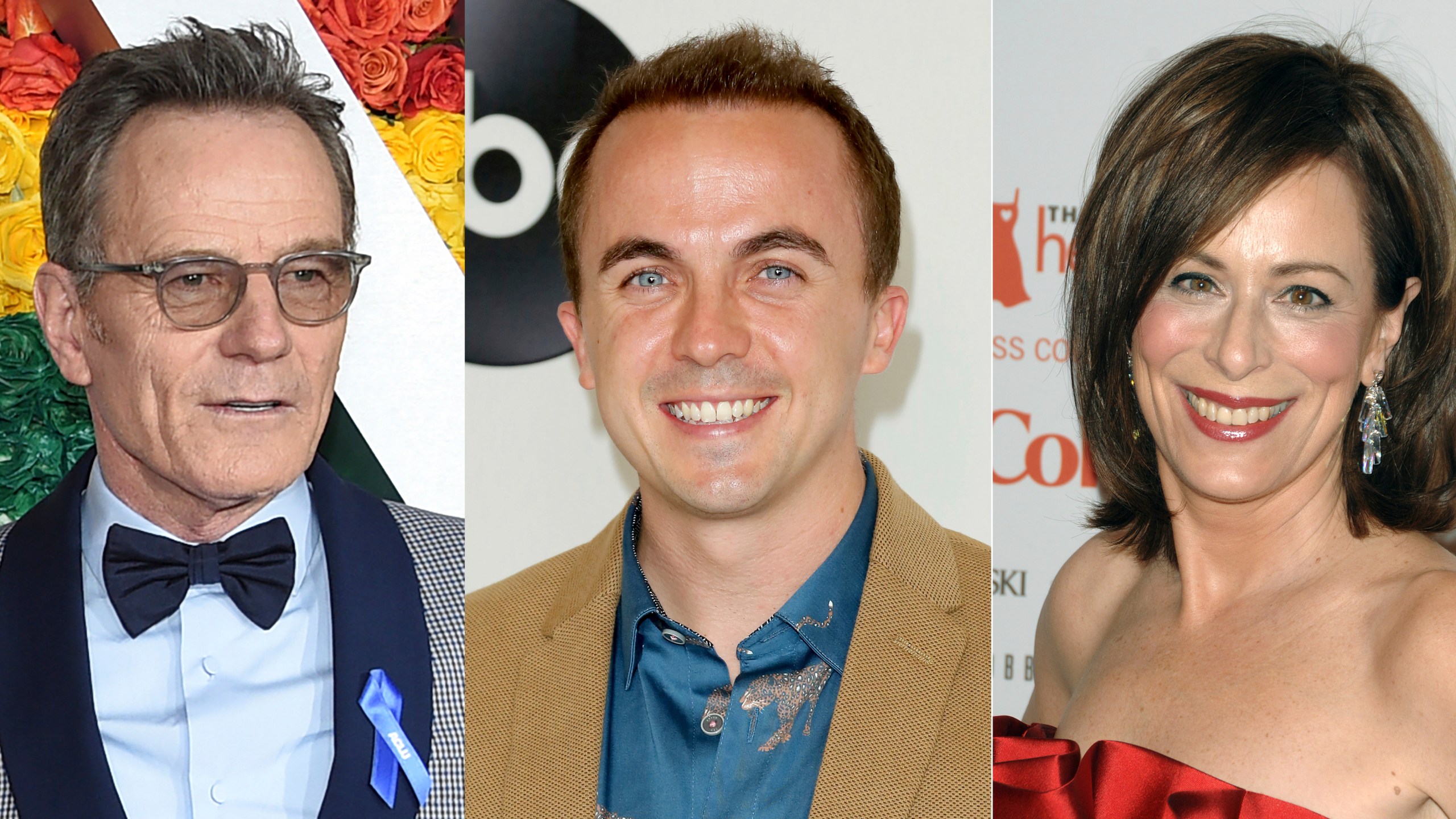 Bryan Cranston appears at the 73rd annual Tony Awards in New York on June 9, 2019, left, Frankie Muniz appears at the Disney/ABC 2018 Television Critics Association Summer Press Tour in Beverly Hills, Calif., on, Aug. 7, 2018, center, and Jane Kaczmarek appears to the Heart Truth's Red Dress collection during Fashion Week in New York on Feb. 13, 2009. (AP Photo)