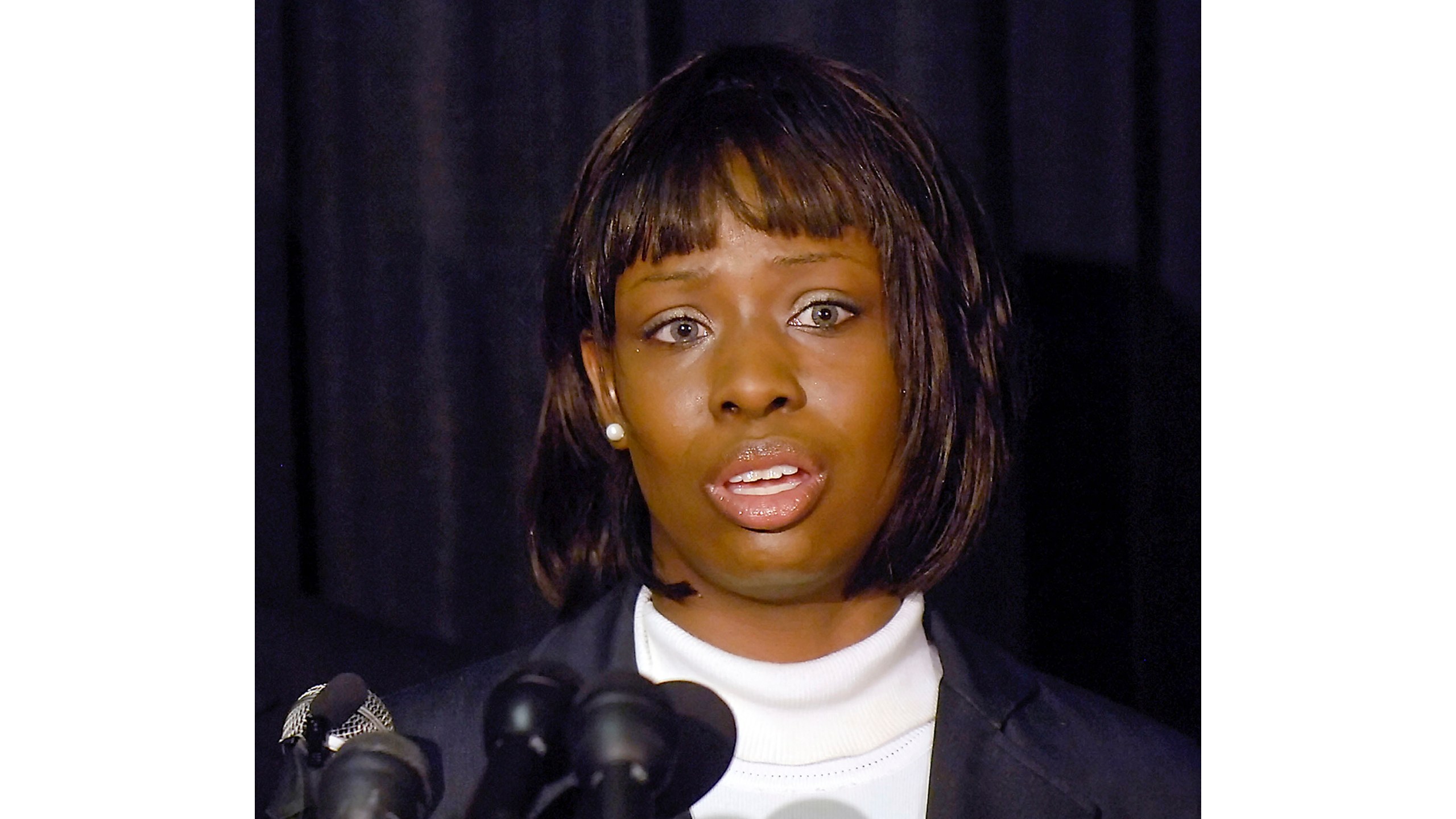 FILE - Crystal Mangum, who falsely accused Duke lacrosse players of rape, addresses the media during a news conference in Durham, N.C., on Oct. 23, 2008. (AP Photo/Sara D. Davis, File)