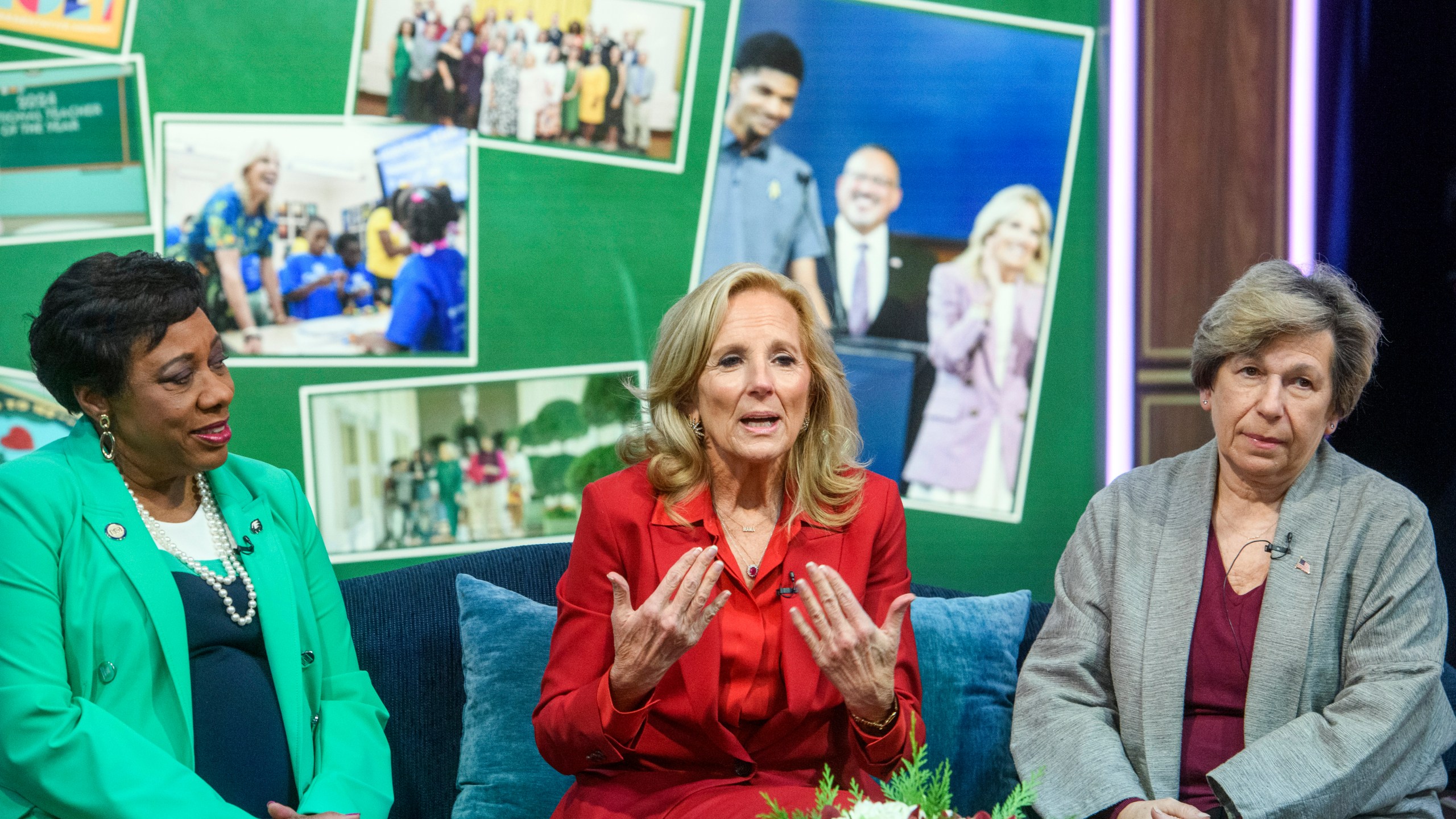 First lady Jill Biden, center, is joined by Becky Pringle, president of National Education Association, left, and Randi Weingarten, president of American Federation of Teachers , right, during a virtual thank you event for educators with the American Federation of Teachers and the National Education Association, in the South Court Auditorium on the White House complex in Washington, Monday, Dec. 16, 2024. (AP Photo/Rod Lamkey, Jr.)