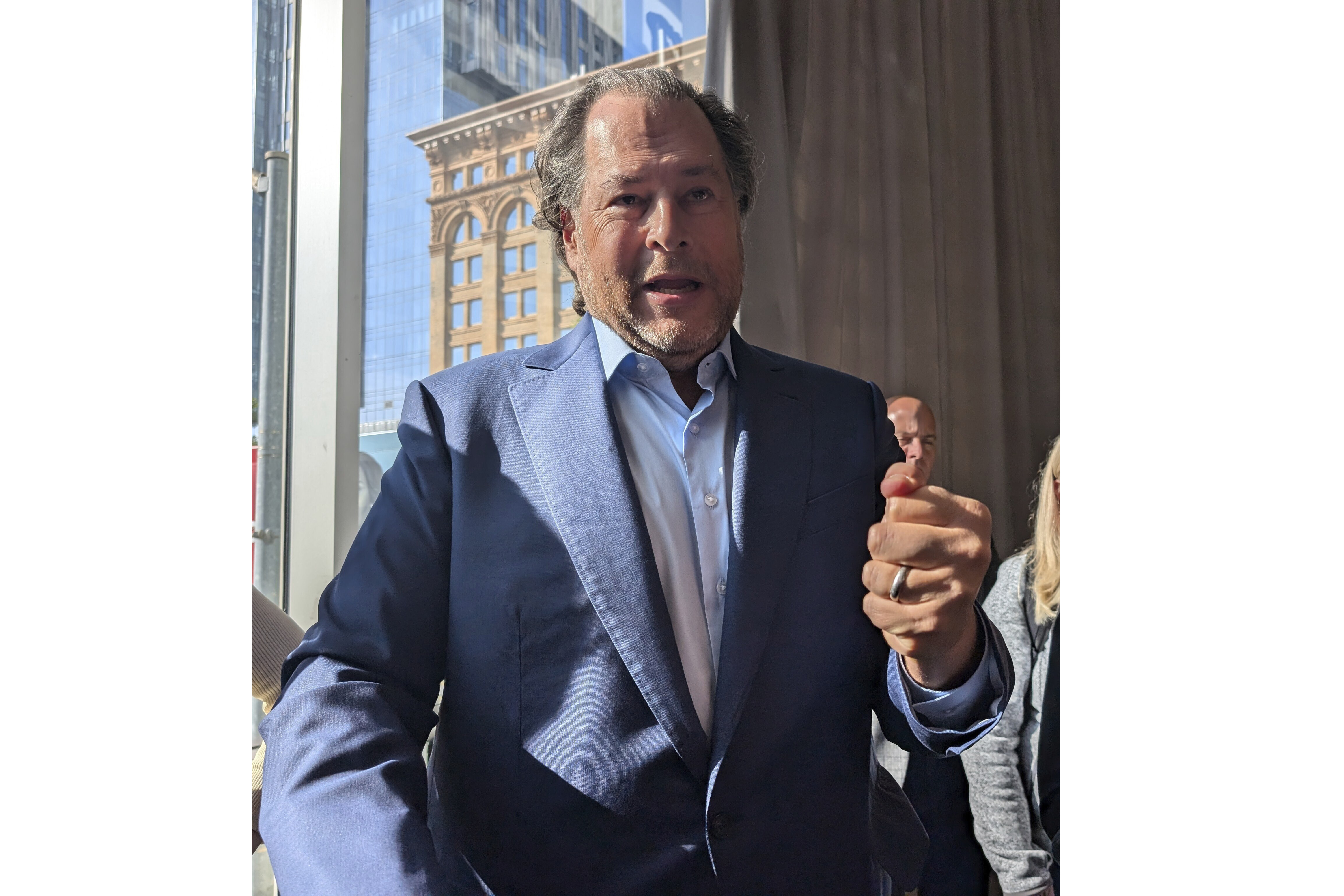 Salesforce CEO Marc Benioff emphasizes a point during an interview at the St. Regis Hotel in San Francisco, Tuesday, Dec. 17, 2024. (AP Photo/Michael Liedtke)