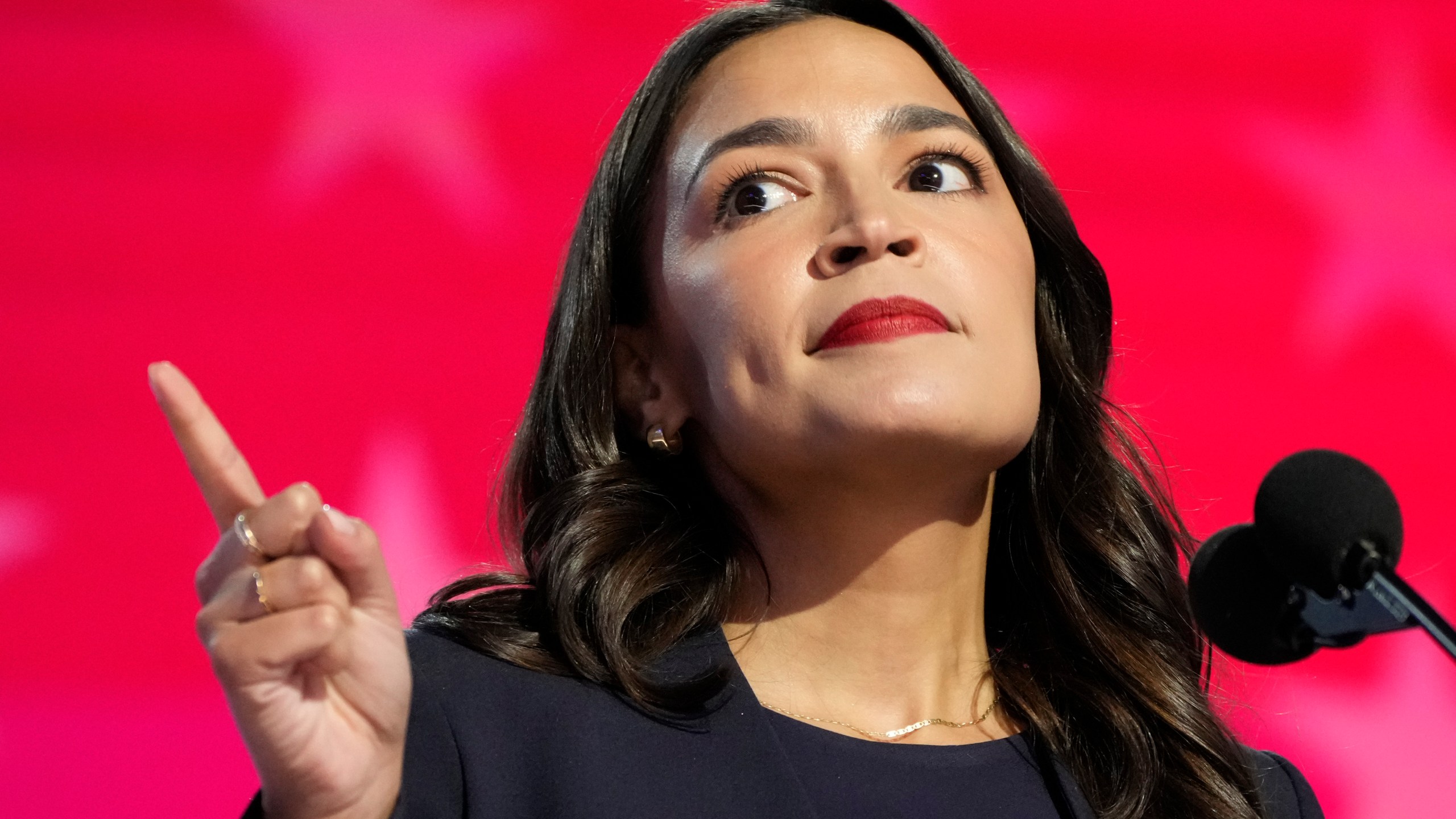 FILE - Rep. Alexandria Ocasio-Cortez, D-N.Y., speaks during the first day of Democratic National Convention, Aug. 19, 2024, in Chicago. (AP Photo/Jacquelyn Martin, File)