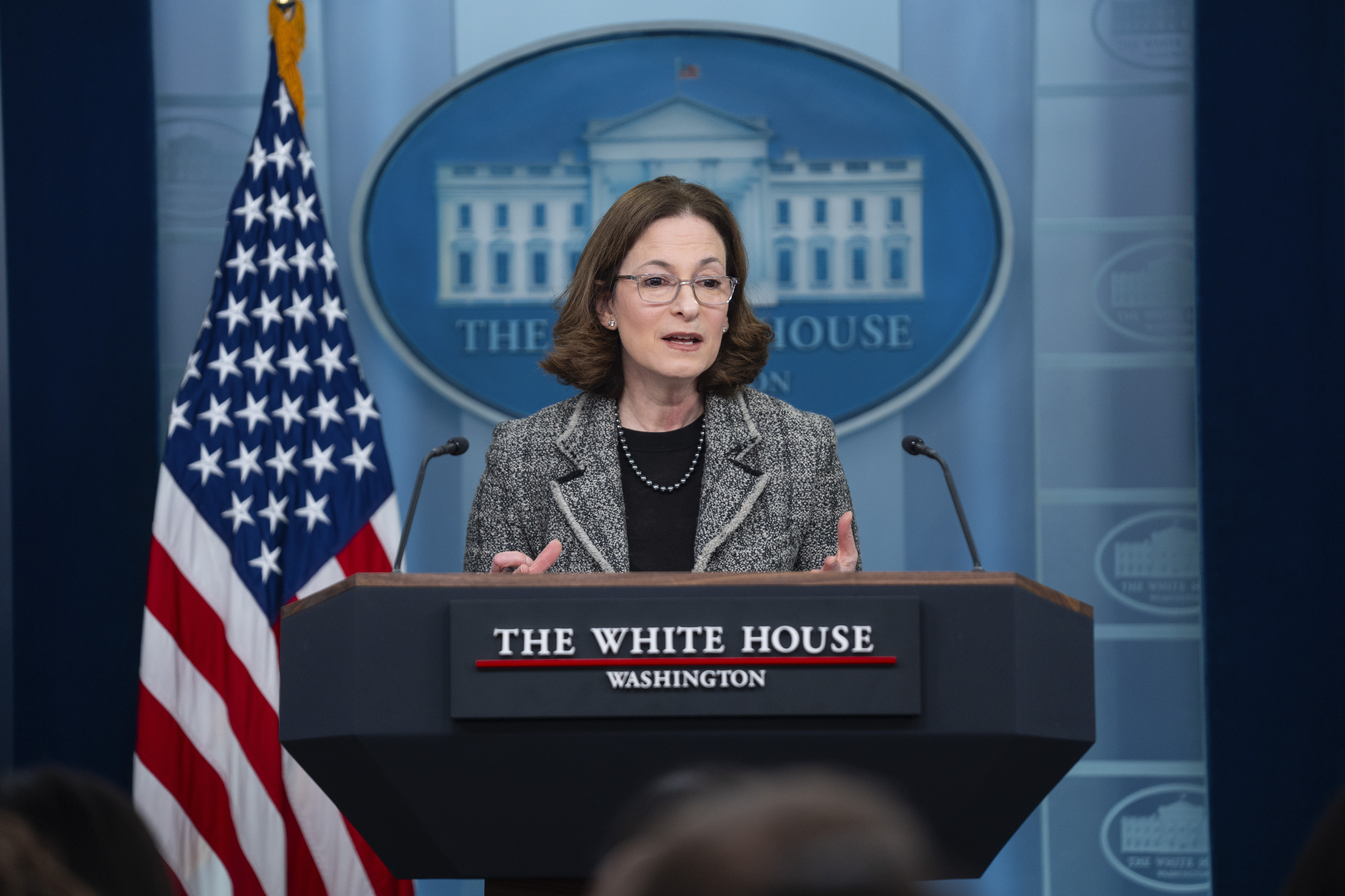 FILE - White House Gender Policy Council director Jennifer Klein speaks during a press briefing at the White House, Jan. 22, 2024, in Washington. (AP Photo/Evan Vucci, File)