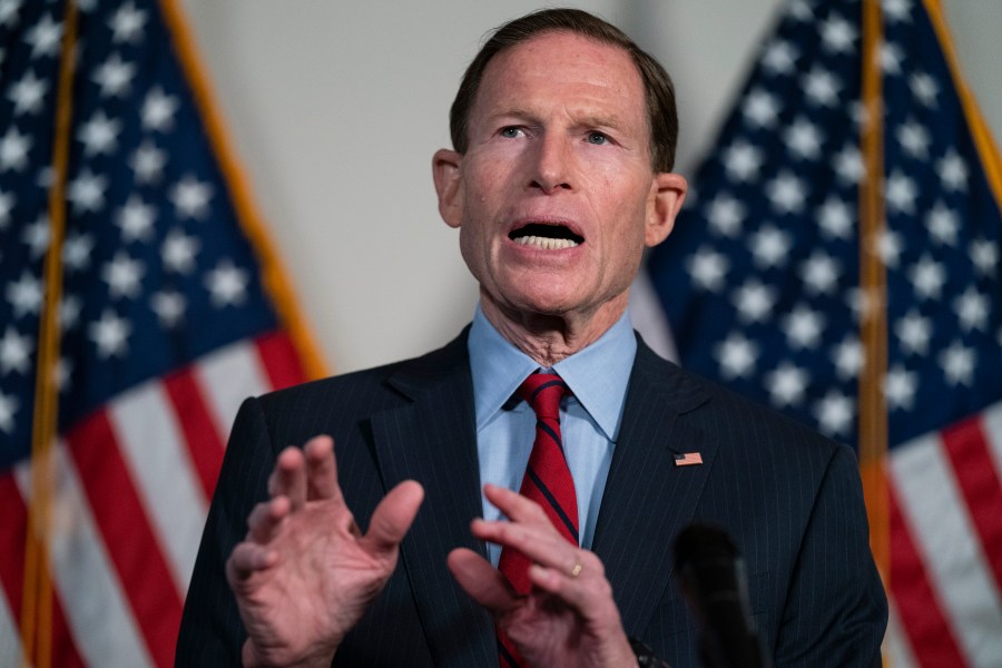 FILE - Sen. Richard Blumenthal, D-Conn., speaks during a news conference on Capitol Hill, Feb. 1, 2022, in Washington. (AP Photo/Evan Vucci, File)