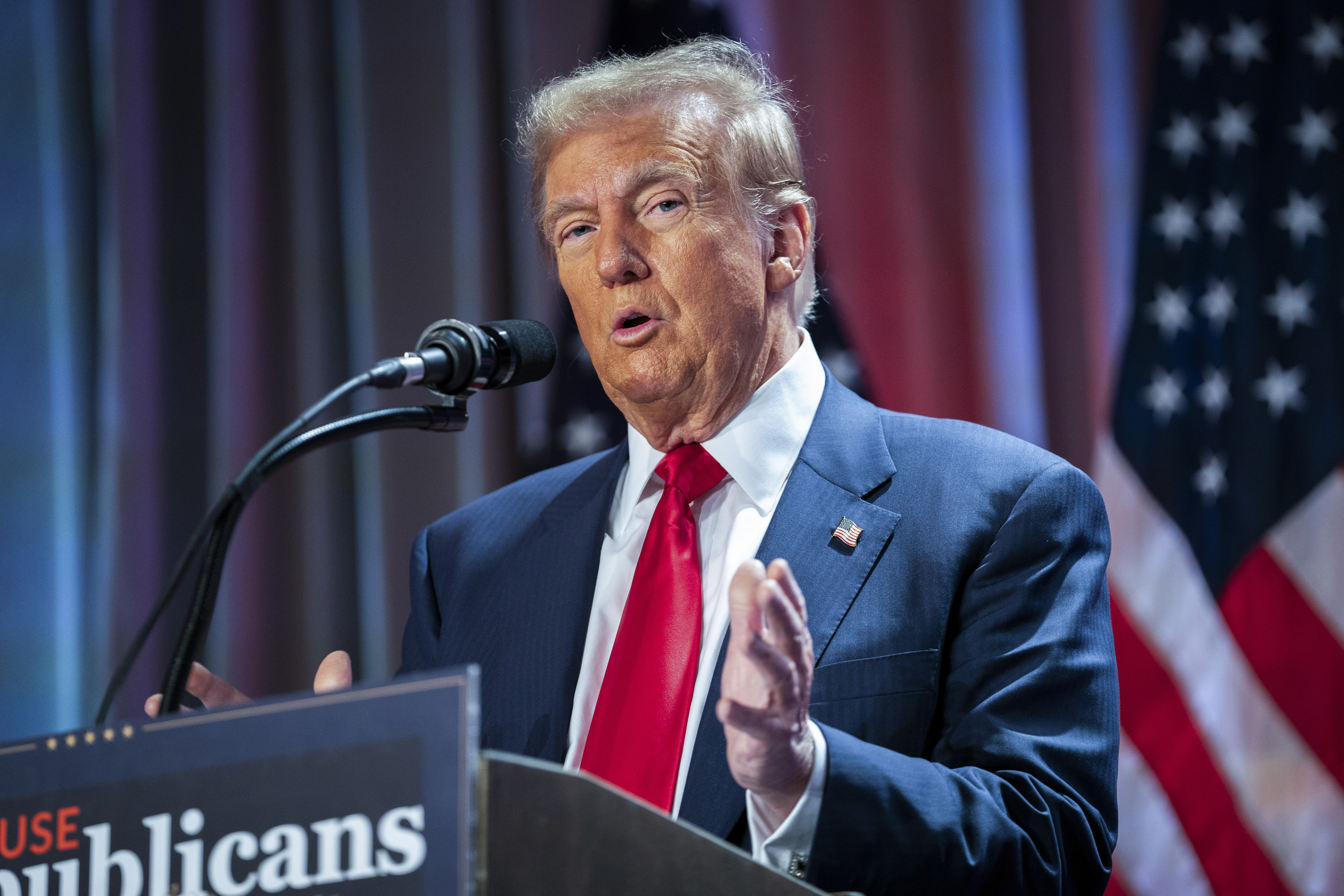 FILE - President-elect Donald Trump speaks during a meeting with the House GOP conference, Nov. 13, 2024, in Washington. (Allison Robbert/Pool Photo via AP, File)