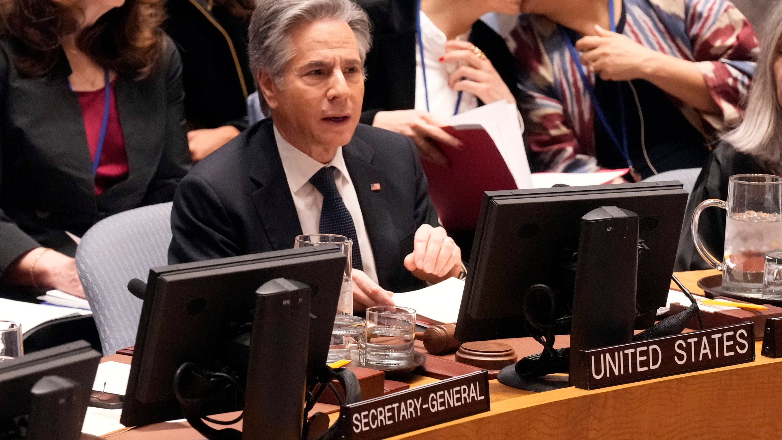 U.S. Secretary of State Antony Blinken addresses the United Nations Security Council, Thursday, Dec. 19, 2024. (AP Photo/Richard Drew)