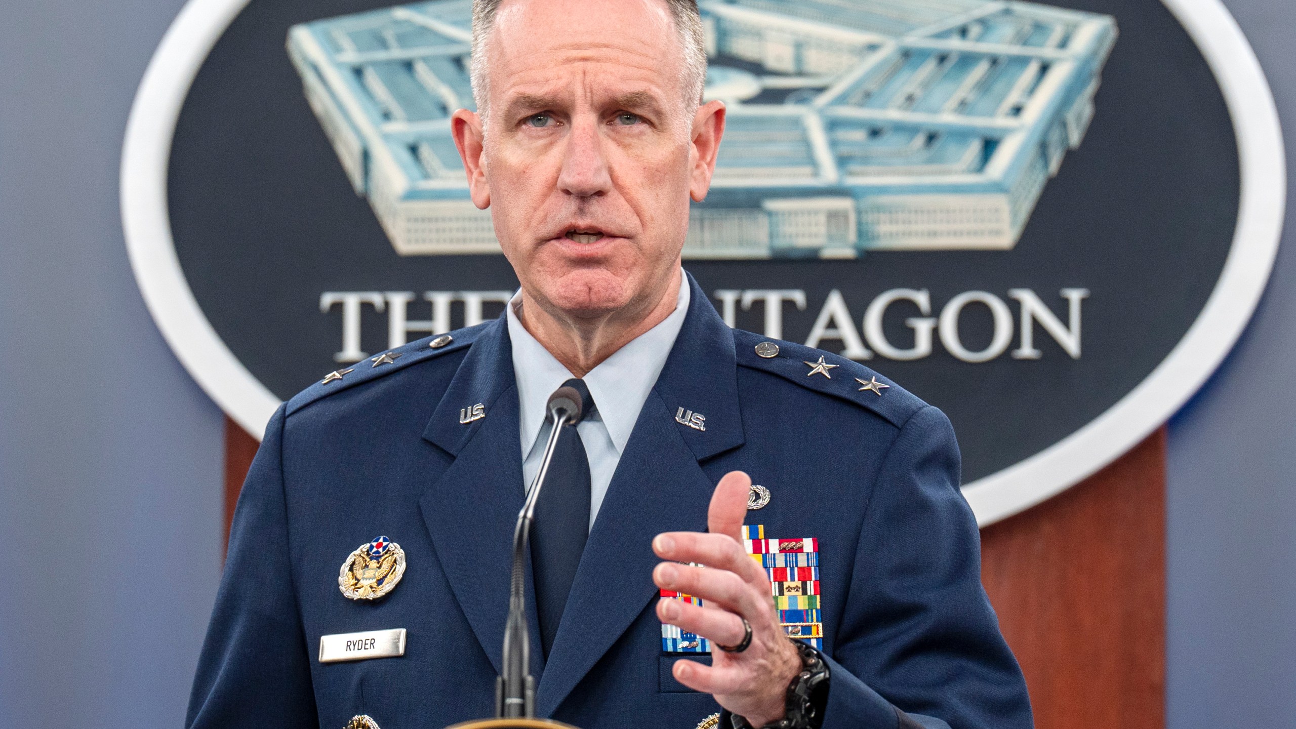 Pentagon press secretary Maj. Gen. Pat Ryder speaks during a press briefing at the Pentagon Tuesday, Dec. 17, 2024, in Washington. (AP Photo/Jacquelyn Martin)