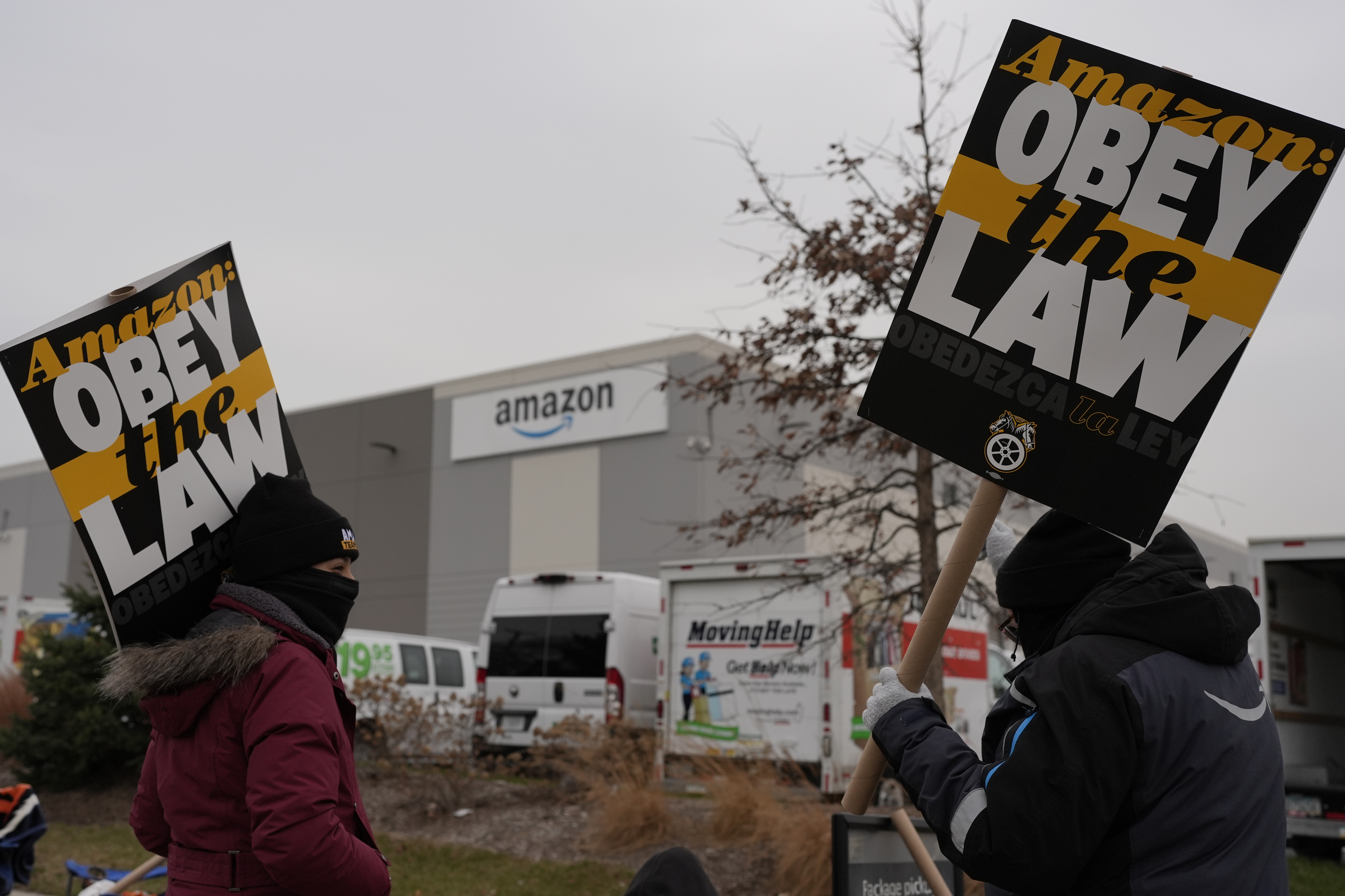 Strikers hold signs during a strike at Skokie (DIL7) Amazon Delivery station in Skokie, Ill., Thursday, Dec. 19, 2024. (AP Photo/Nam Y. Huh)