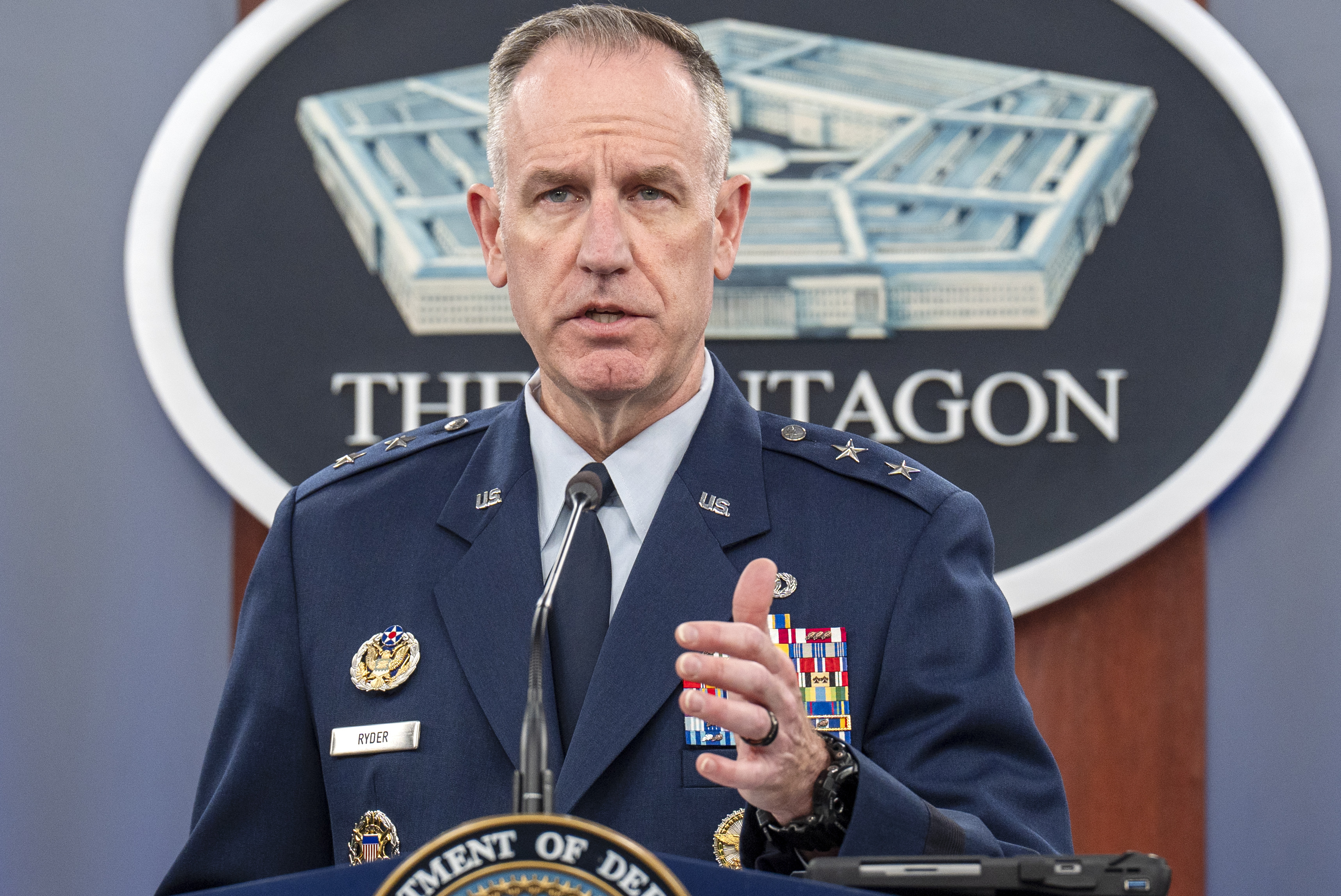 Pentagon press secretary Maj. Gen. Pat Ryder speaks during a press briefing at the Pentagon Tuesday, Dec. 17, 2024, in Washington. (AP Photo/Jacquelyn Martin)