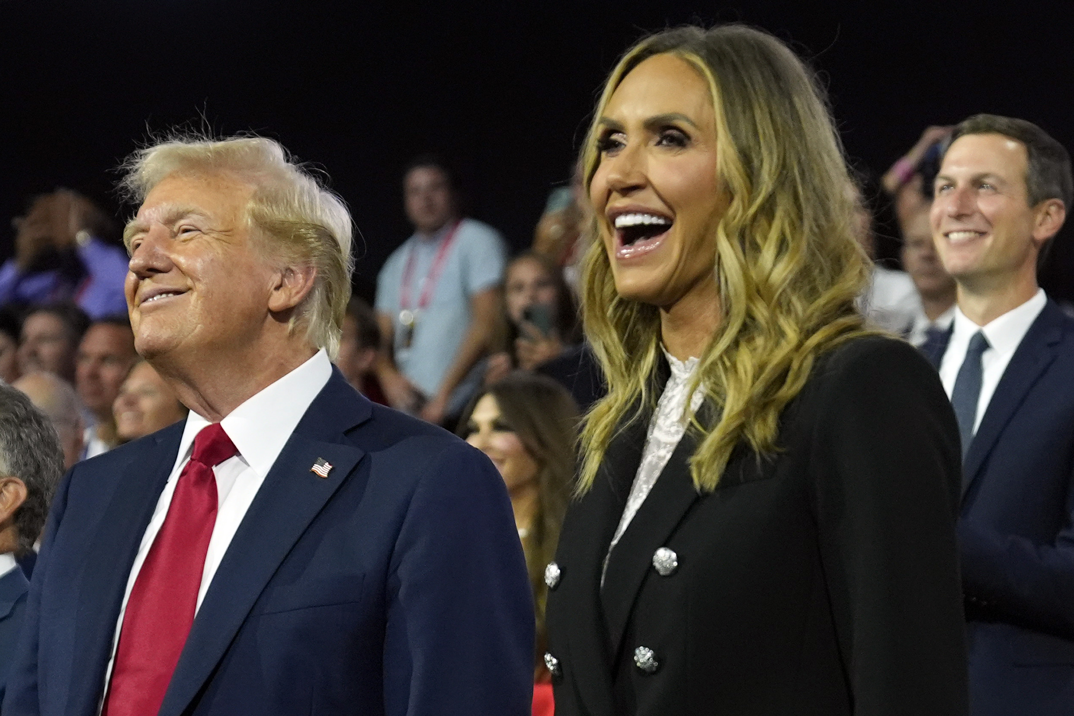 FILE - Republican presidential candidate former President Donald Trump, left, and Republican National Committee co-chair Lara Trump attend the final day of the Republican National Convention, July 18, 2024, in Milwaukee. (AP Photo/Evan Vucci, File)