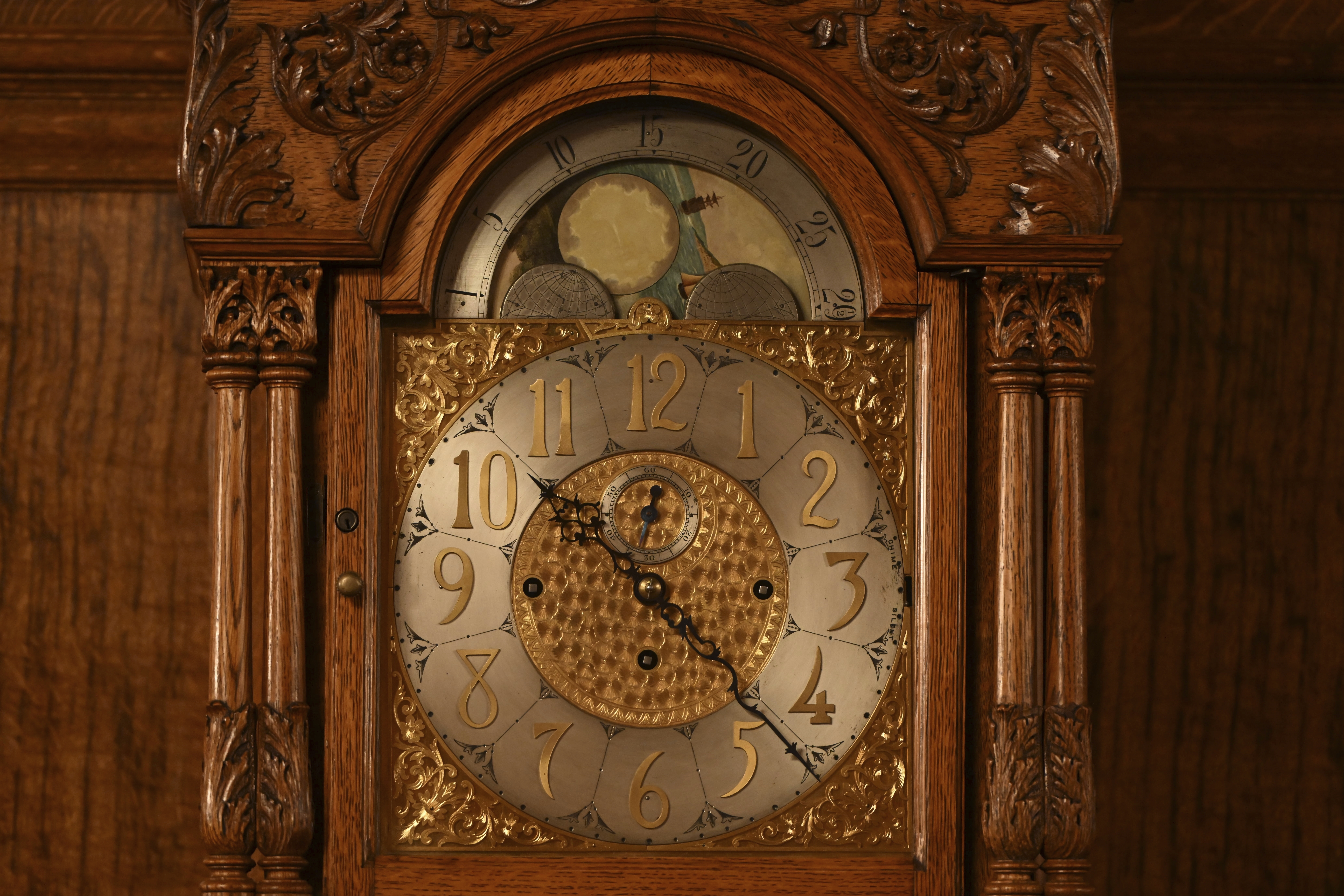 A clock in the Pennsylvania governor's reception room, Dec. 13, 2024, in Harrisburg, Pa. It's one of 273 clocks in Pennsylvania's ornate state Capitol complex buildings that must be wound by hand. (AP Photo/Marc Levy)