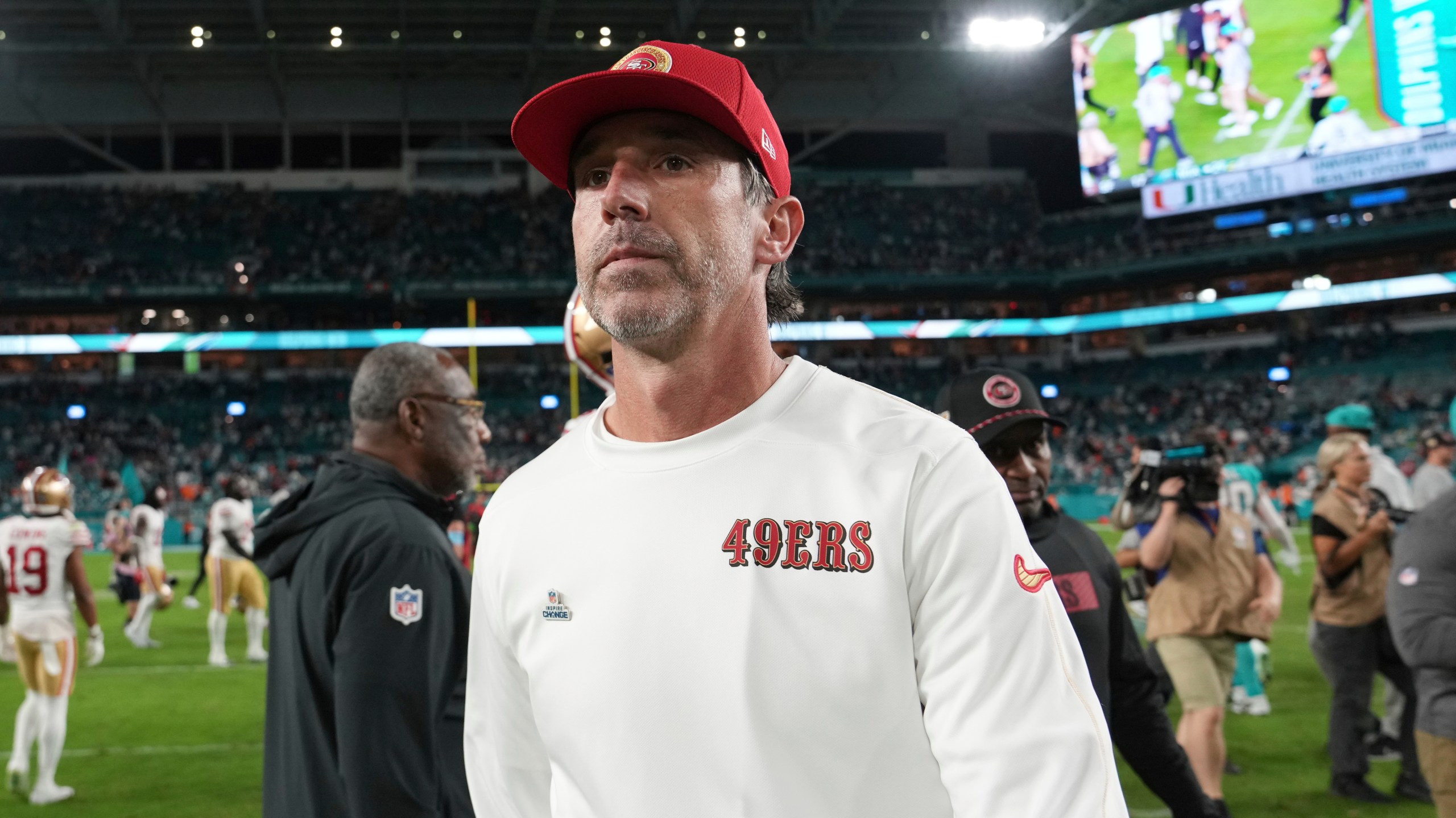 San Francisco 49ers head coach Kyle Shanahan leaves the field at the end of an NFL football game against the Miami Dolphins, Sunday, Dec. 22, 2024, in Miami Gardens, Fla. (AP Photo/Lynne Sladky)