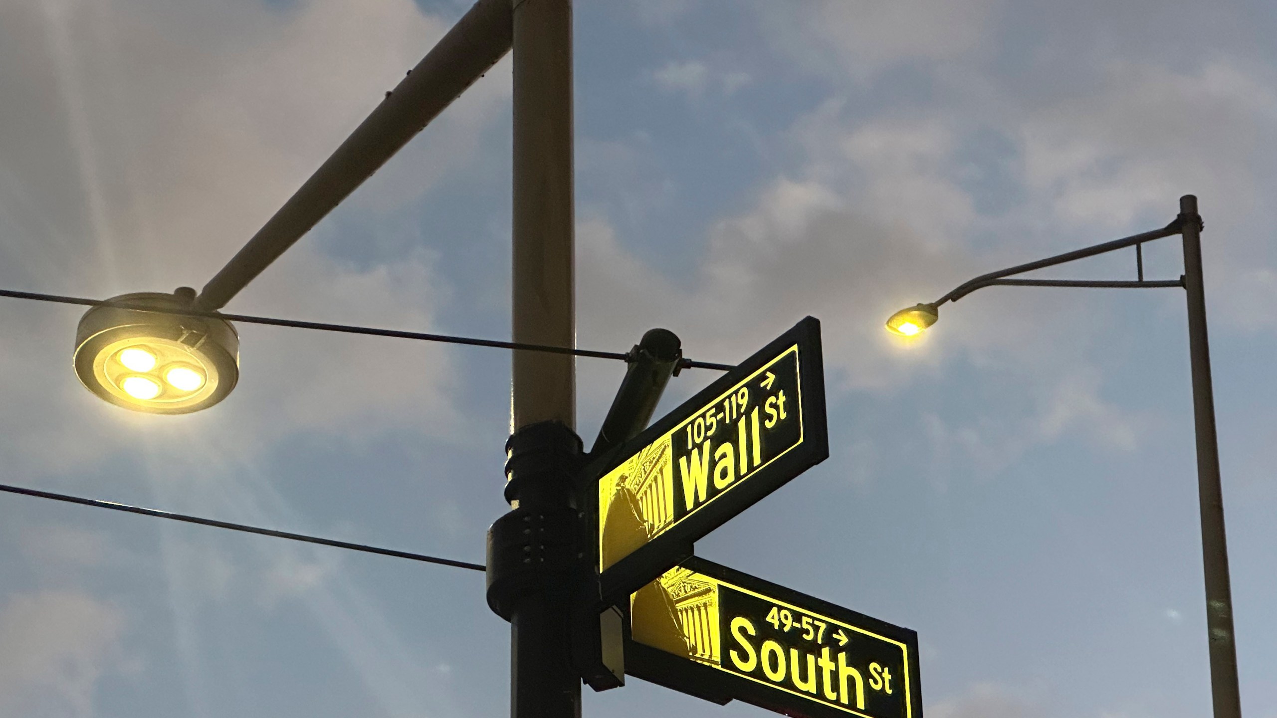 FILE - Signs mark the intersection of Wall and South Streets in New York's Financial District on Nov. 26, 2024. (AP Photo/Peter Morgan, File)