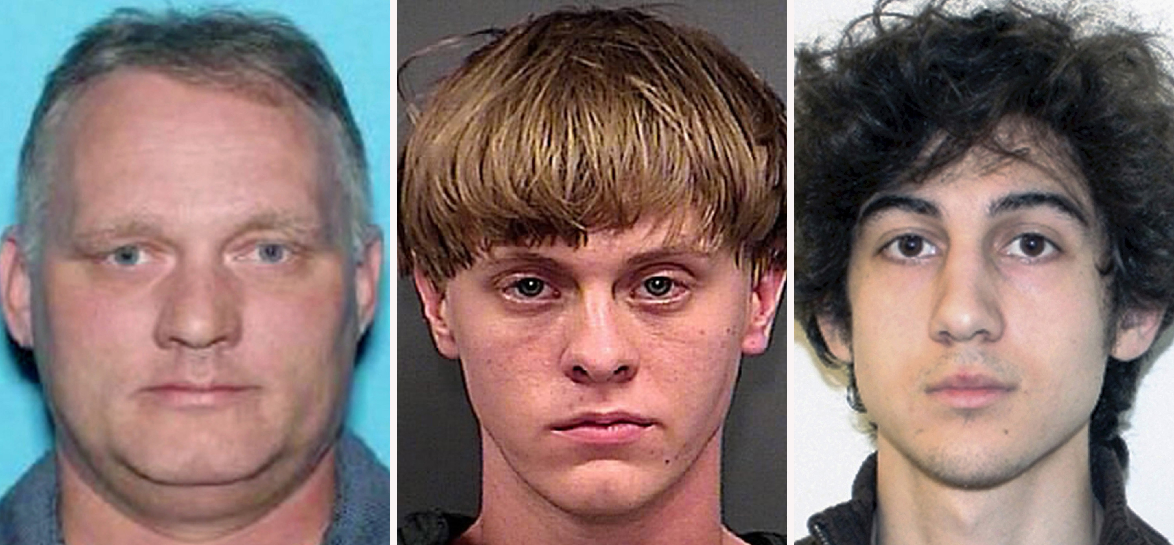 This combination photo shows federal death row inmates Robert Bowers, from left, the gunman who massacred 11 worshippers at a Pittsburgh synagogue in 2018, Dylann Roof, who commited racist slayings of nine members of a Black South Carolina congregation, and Dzhokhar Tsarnaev, convicted for carrying out the April 15, 2013, Boston Marathon bombing attack. President Joe Biden commuted the sentences of 37 of the 40 people on federal death row, converting their punishments to life imprisonment, but left Bowers, Roof and Tsarnaev still facing execution. (Pennsylvania Department of Transportation, from left, Charleston County Sheriff's Office, FBI via AP)