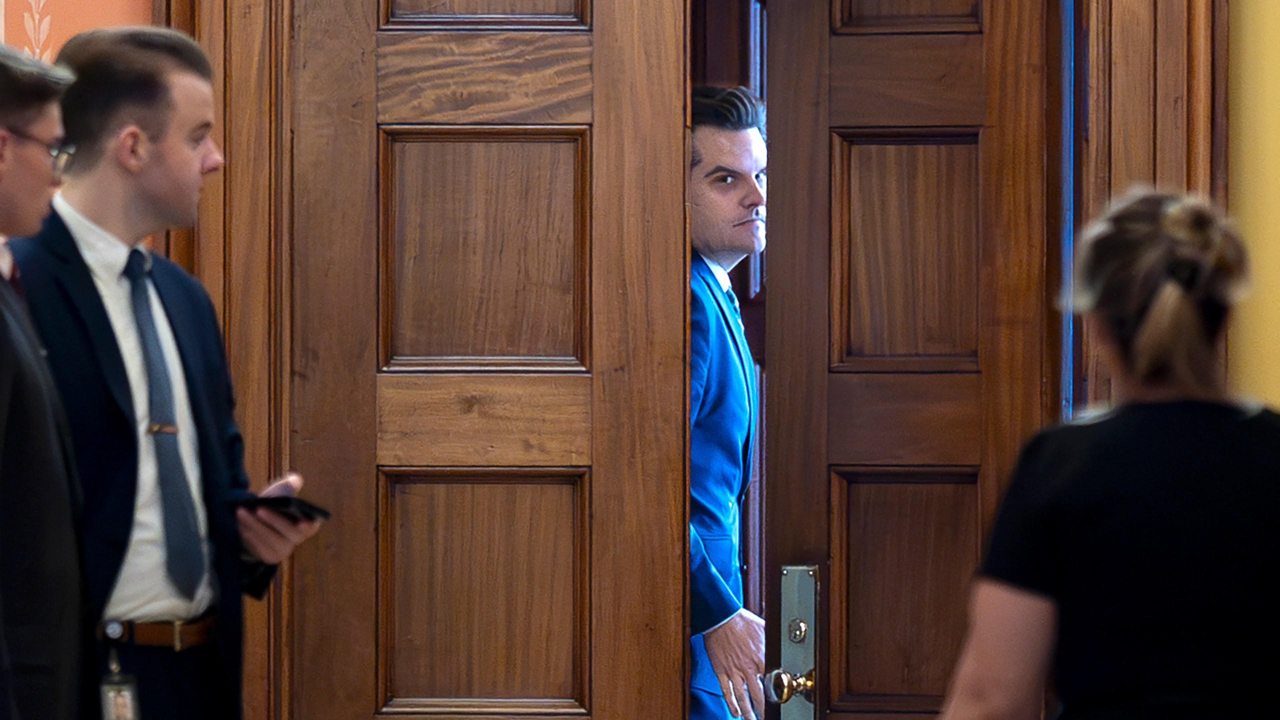 President-elect Donald Trump's nominee to be attorney general, former Rep. Matt Gaetz, R-Fla., closes a door to a private meeting with Vice President-elect JD Vance and Republican Senate Judiciary Committee members, at the Capitol in Washington, Wednesday, Nov. 20, 2024. (AP Photo/J. Scott Applewhite)