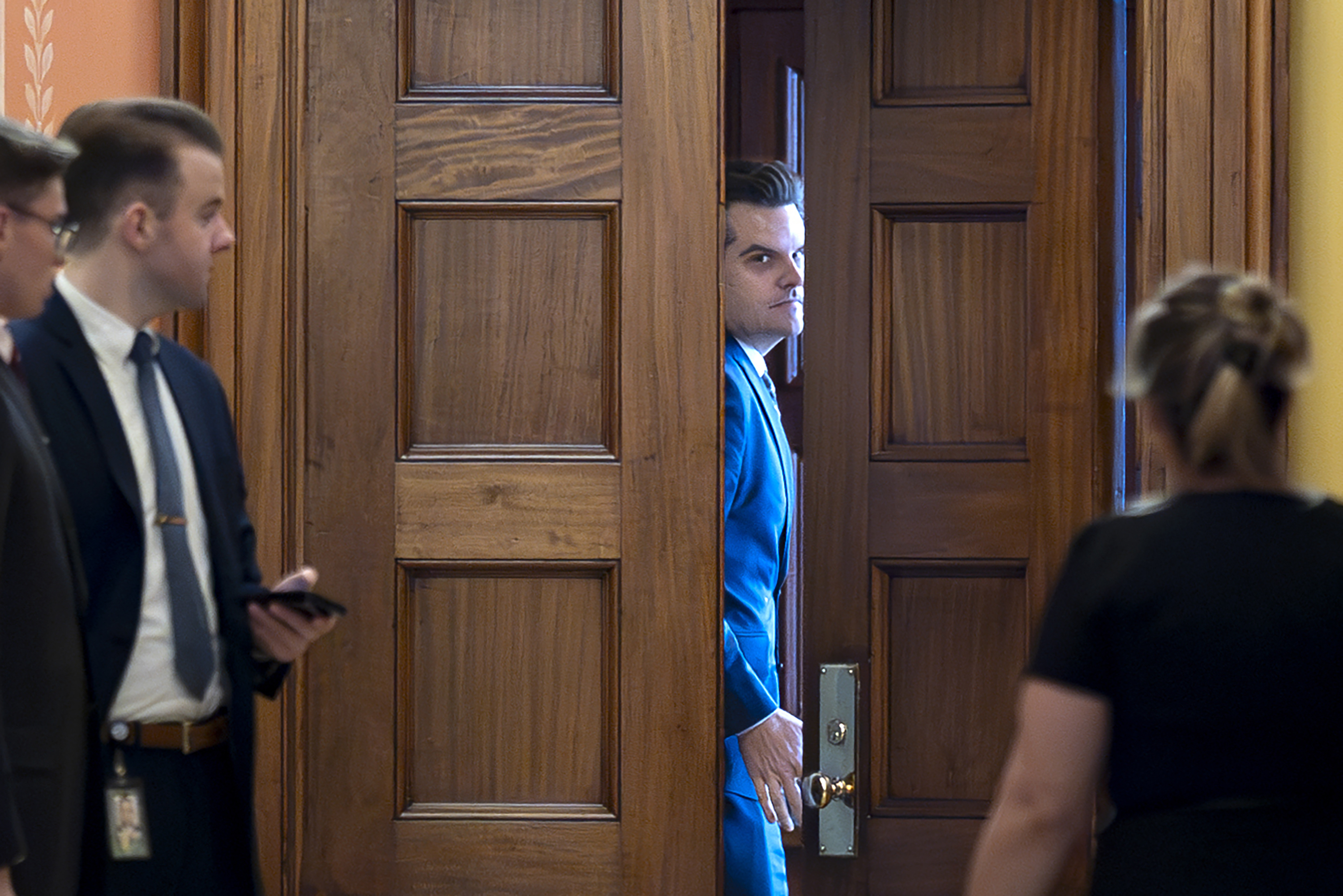 President-elect Donald Trump's nominee to be attorney general, former Rep. Matt Gaetz, R-Fla., closes a door to a private meeting with Vice President-elect JD Vance and Republican Senate Judiciary Committee members, at the Capitol in Washington, Wednesday, Nov. 20, 2024. (AP Photo/J. Scott Applewhite)