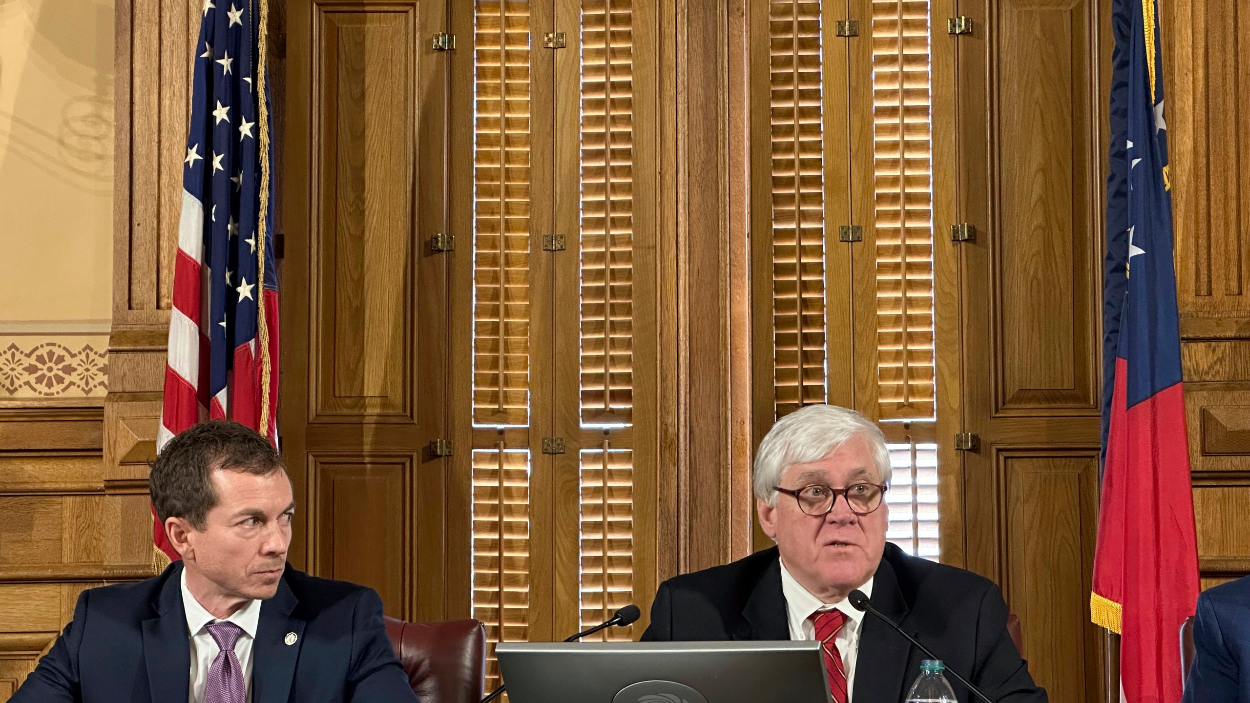 FILE - Georgia state Sen. Bill Cowsert, R-Athens, right, speaks as state Sen Greg Dolezal, R-Cumming, looks on, Friday, Feb. 9, 2024, at the Georgia Capitol in Atlanta, during the first meeting of a state Senate committee to investigate Fulton County District Attorney Fani Willis. (AP Photo/Jeff Amy, File)