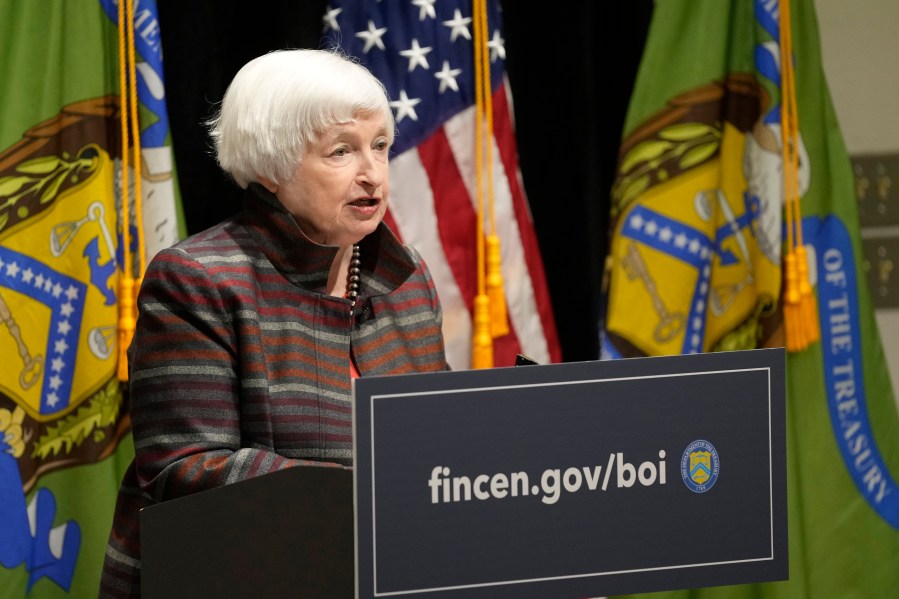 FILE - U.S. Treasury Secretary Janet Yellen speaks during a visit to the Financial Crimes Enforcement Network (FinCEN) in Vienna, Va., on Jan. 8, 2024. (AP Photo/Susan Walsh, File)