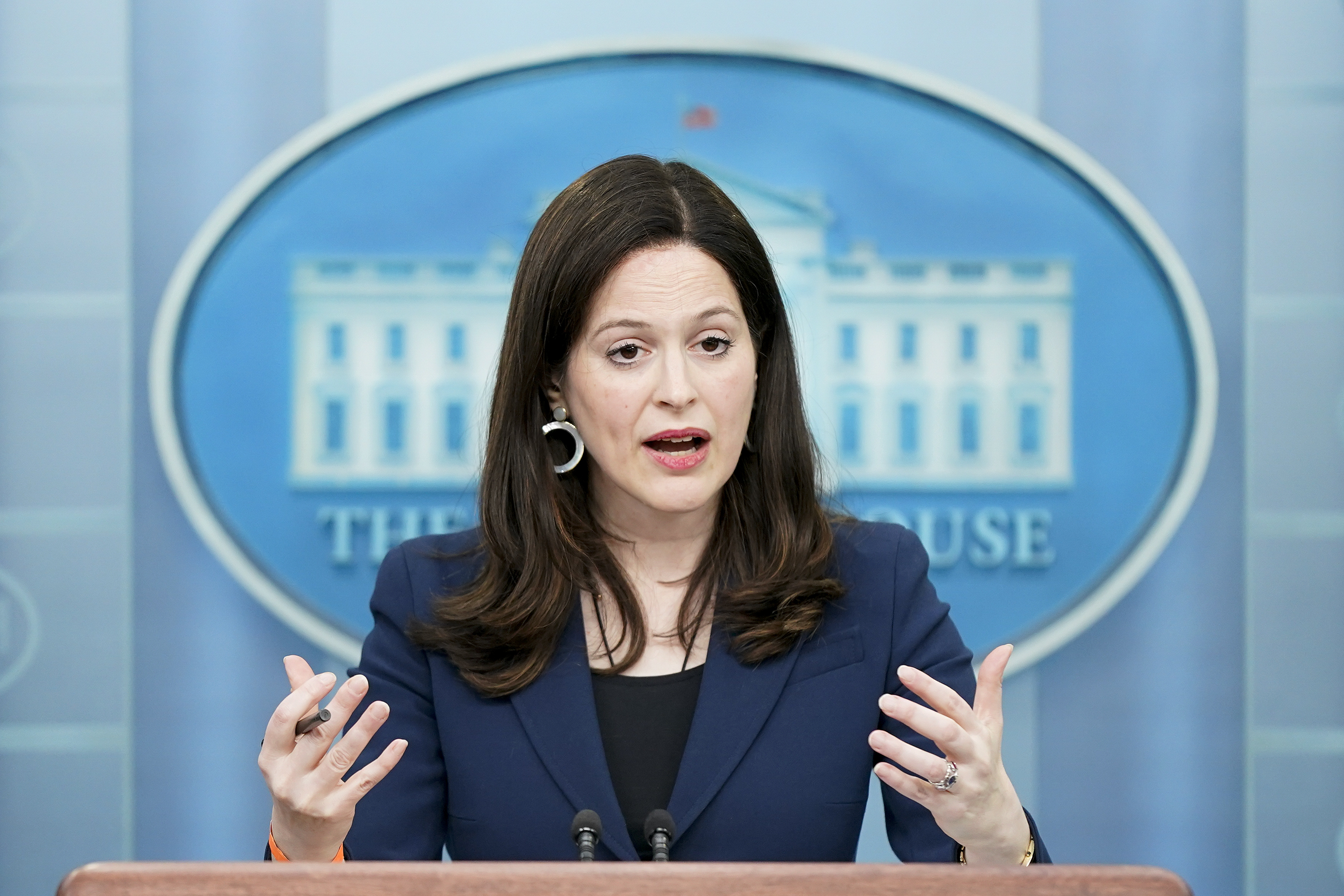 FILE - Anne Neuberger, Deputy National Security Advisor for Cyber and Emerging Technology, speaks during a press briefing at the White House,March 21, 2022, in Washington. (AP Photo/Patrick Semansky, File)