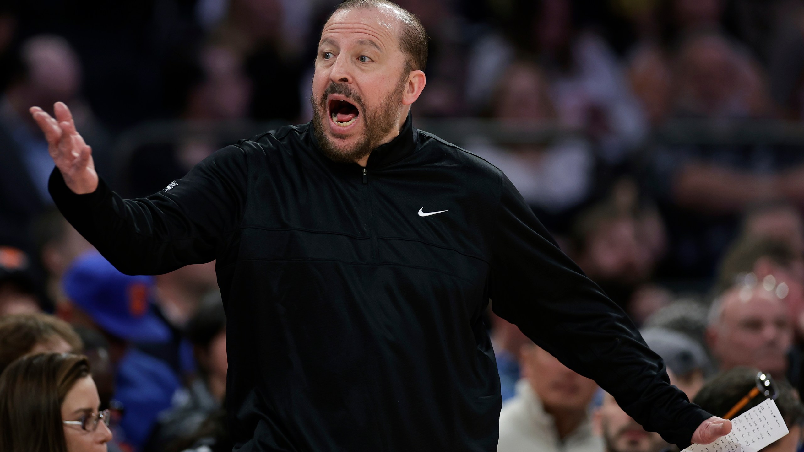 New York Knicks head coach Tom Thibodeau reacts during the second half of an NBA basketball game against the Toronto Raptors, Monday, Dec. 23, 2024, in New York. The Knicks won 139-125. (AP Photo/Adam Hunger)