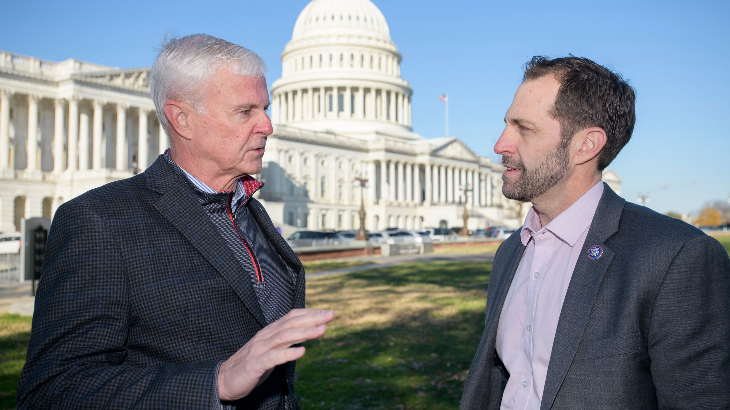 For Country Caucus co-chair Rep. Jason Crow, D-Colo., right, and Rep. Steve Womack, R-Ark., left, speak during a portrait session at the Capitol following a vote, Thursday, Dec. 12, 2024, in Washington. (AP Photo/Rod Lamkey, Jr.)