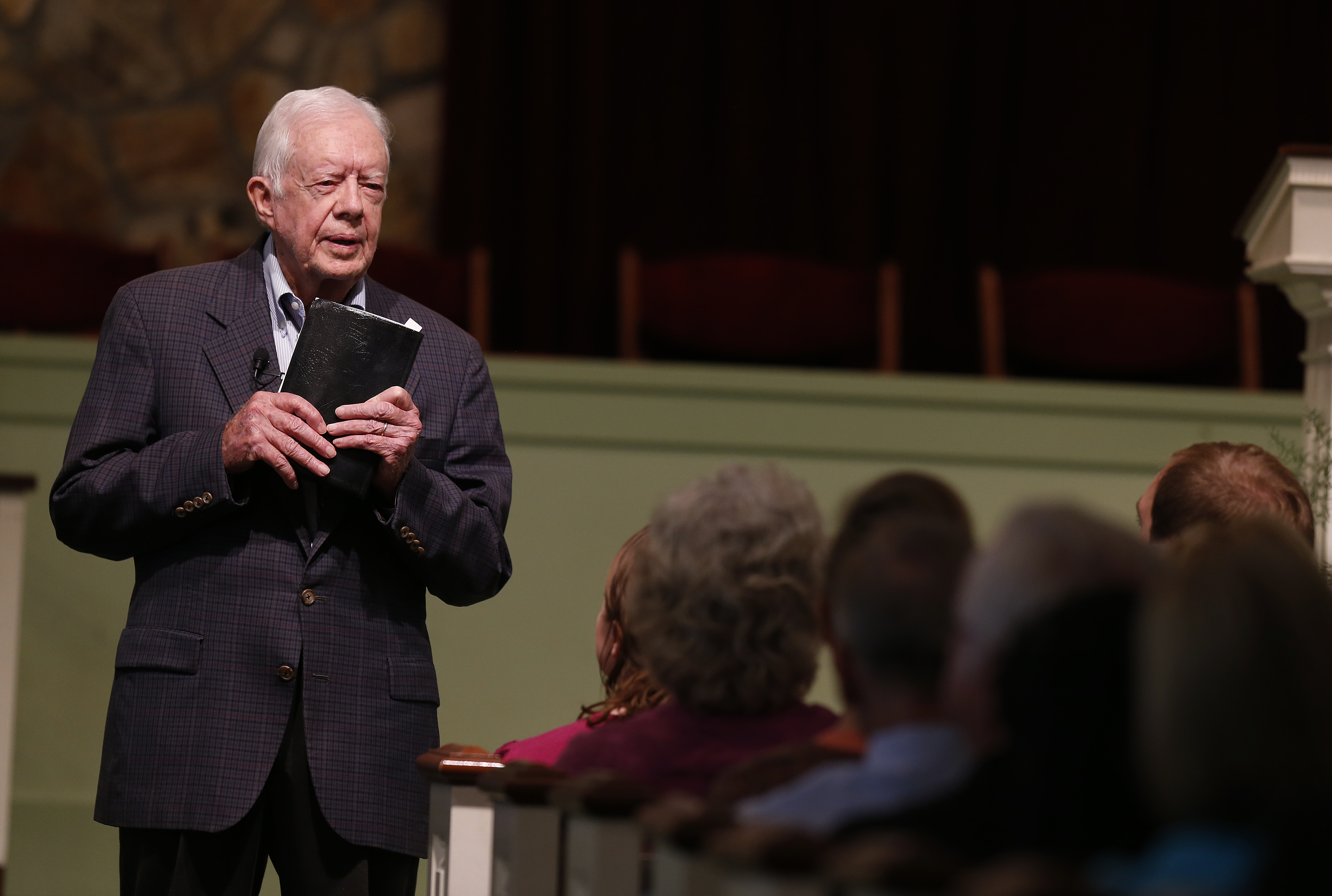 FILE - Former President Jimmy Carter teaches Sunday school at Maranatha Baptist Church in Plains, Ga, on June 8, 2014. (AP Photo/John Bazemore, File)