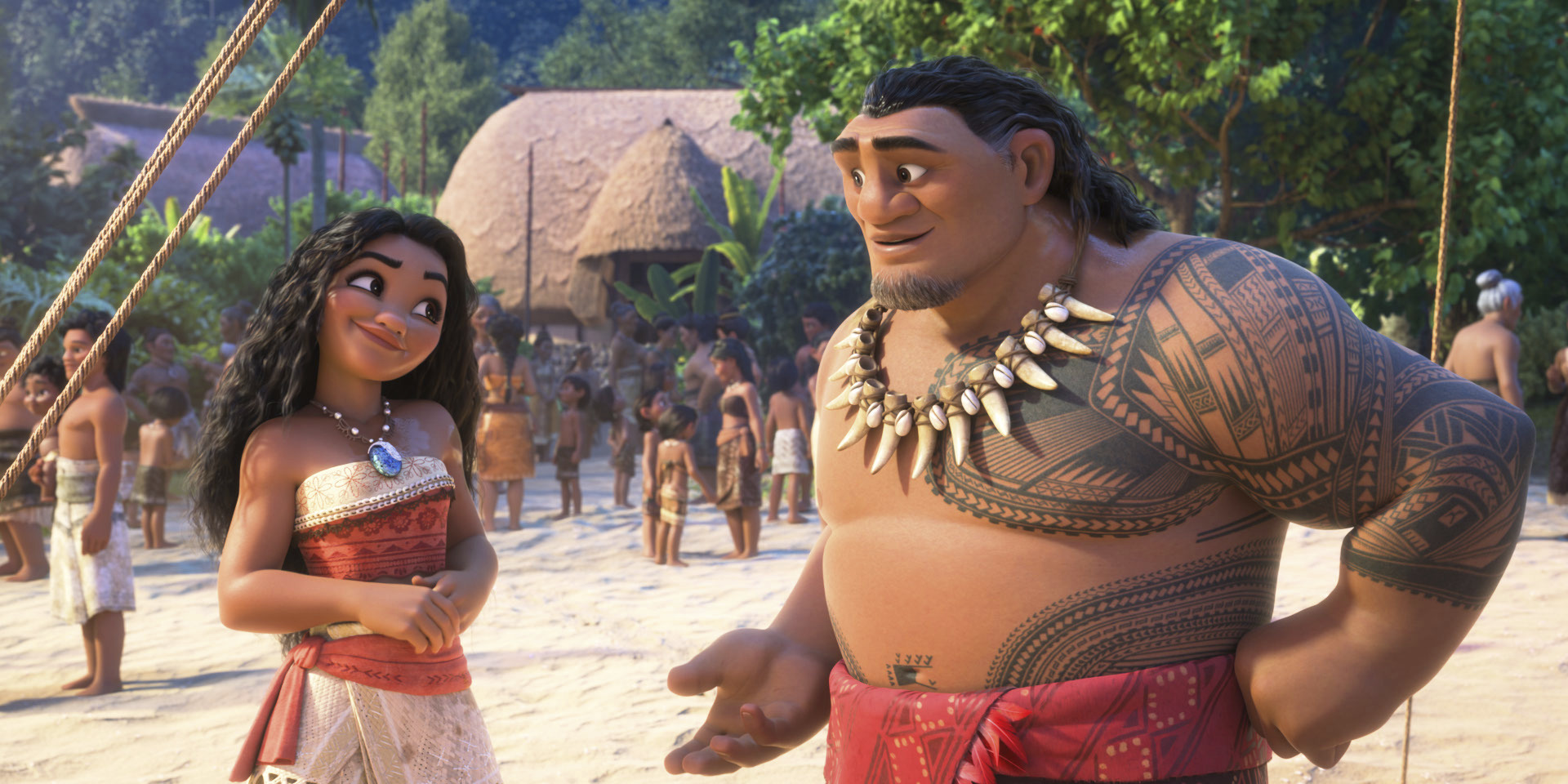 This image released by The Walt Disney Studios shows the characters Moana, voiced by Auli'i Cravalho, left, and Chief Tui, voiced by Temuera Morrison, in a scene from "Moana 2." (The Walt Disney Studios via AP)