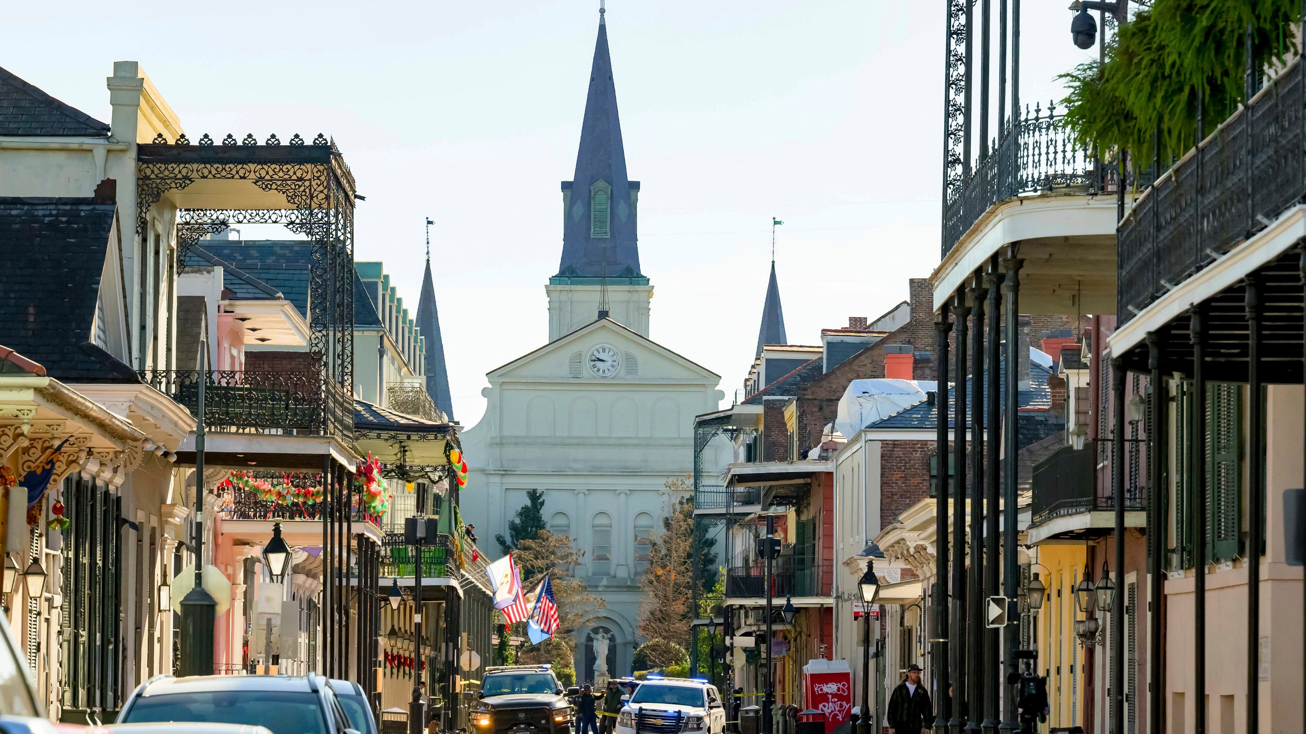 The St. Louis Cathedral is seen on Orleans St is seen in the French Quarter where a suspicious package was detonated after a person drove a truck into a crowd earlier on Bourbon Street on Wednesday, Jan. 1, 2025. (AP Photo/Matthew Hinton)