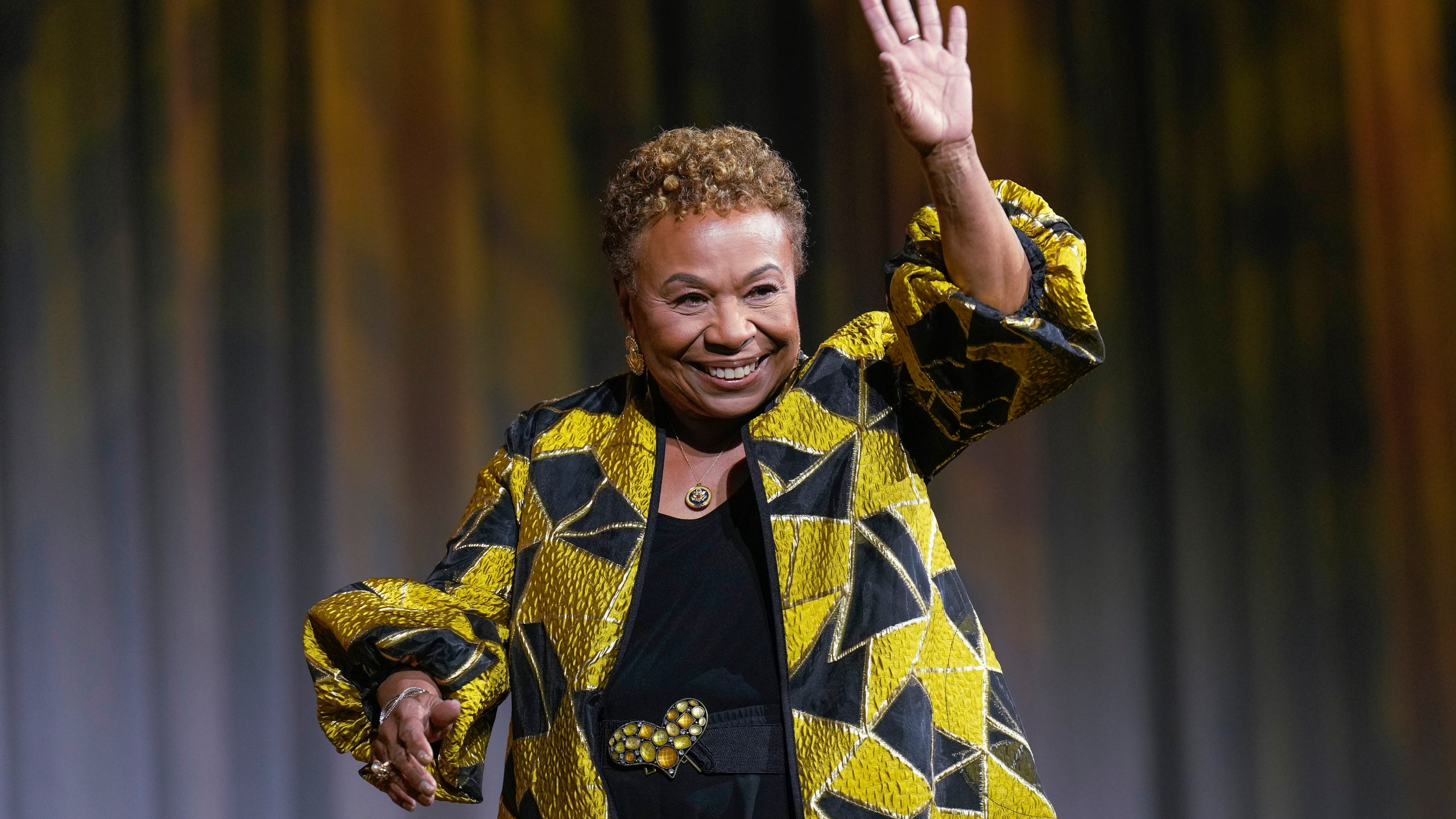 FILE—Rep. Barbara Lee, D-Ca., waves on stage during the Congressional Black Caucus Foundation Phoenix Awards, Saturday, Sept. 14, 2024. (AP Photo/Jacquelyn Martin, File)