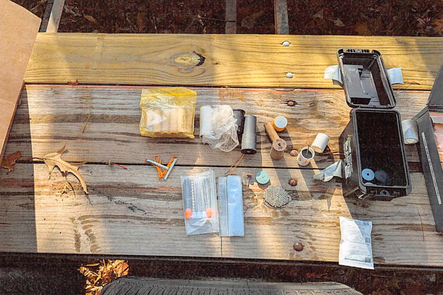 This image provided by U.S. Attorney’s Office, Eastern District of Virginia shows a stockpile of homemade explosives Federal agents seized when they arrested Brad Spafford, a Virginia man on a firearms charge in Dec. 2024. (U.S. Attorney’s Office, Eastern District of Virginia via AP)