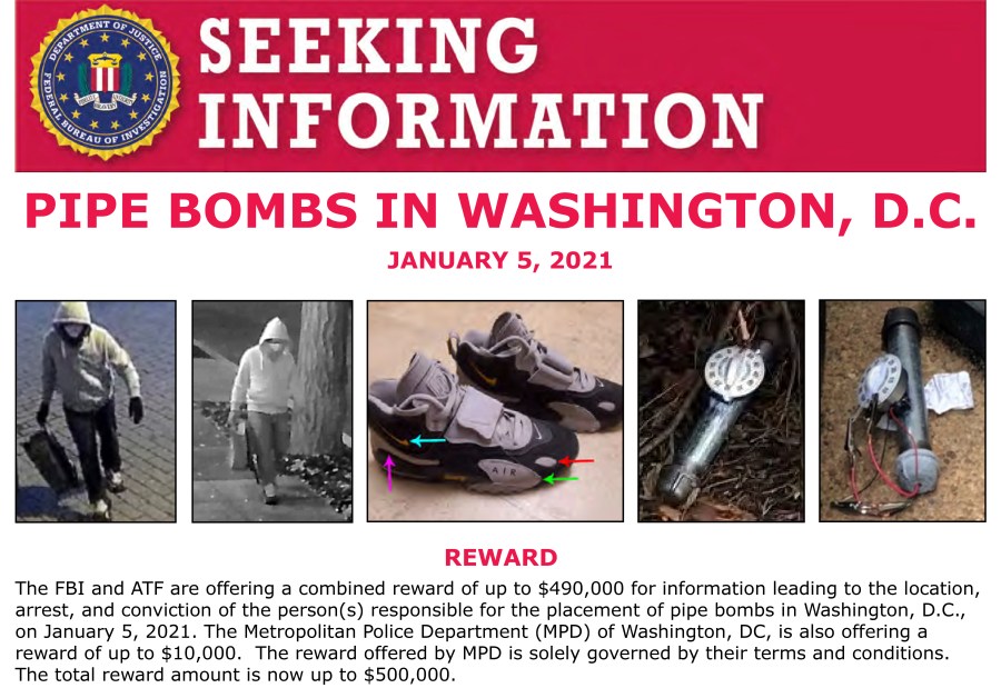 This image shows part of a "Seeking Information" notice released by the Federal Bureau of Investigation regarding pipe bombs planted outside offices of the Democratic and Republican national committees in Washington on Jan. 5, 2021, on the eve of the attack on the Capitol. (FBI via AP)