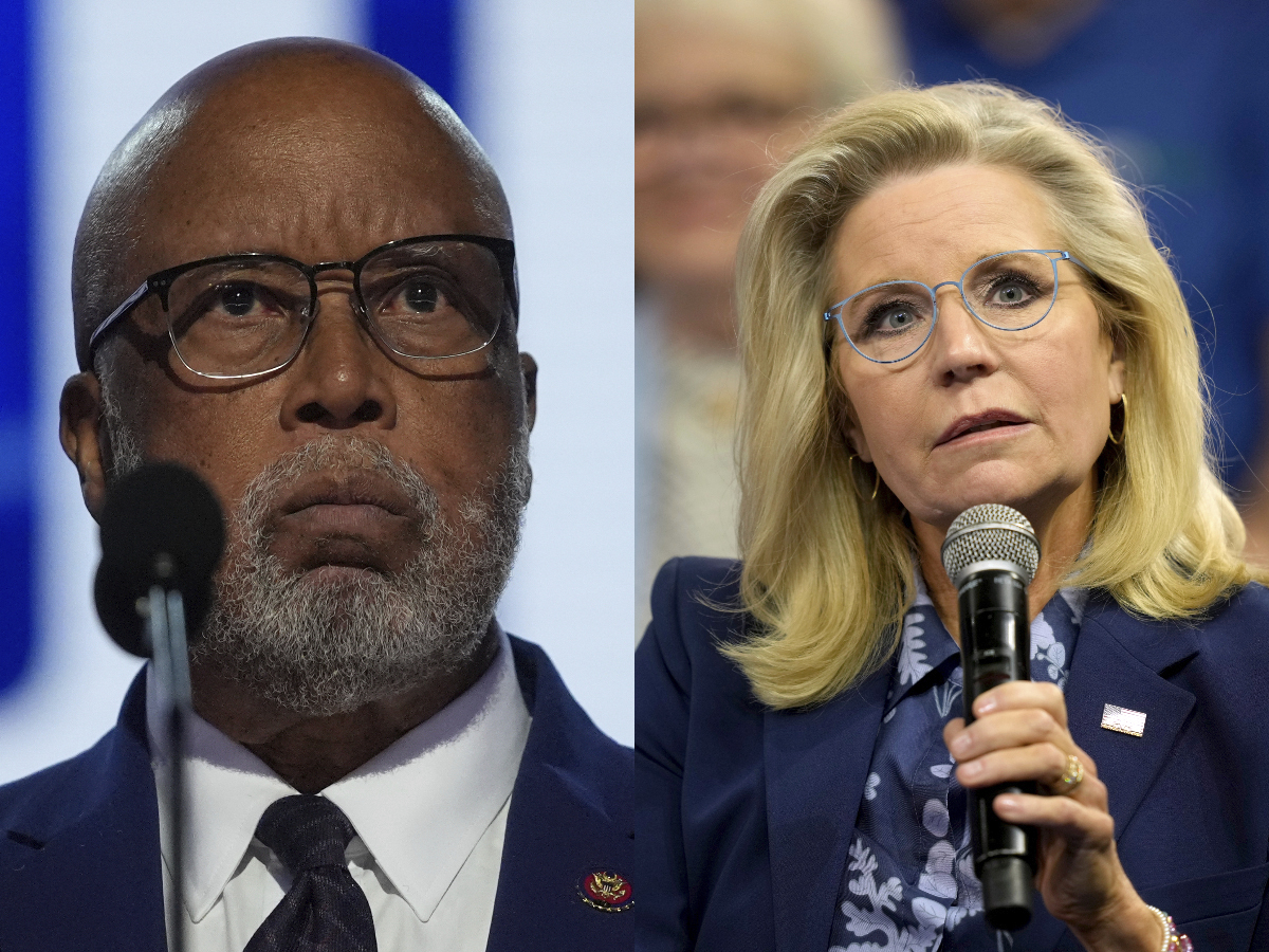 This combo photo shows Rep. Bennie G. Thompson, D-Miss., speaking during the Democratic National Convention on Wednesday, Aug. 21, 2024, in Chicago, left; and Former Republican Congresswoman Liz Cheney speaking during a town hall with Democratic presidential nominee Vice President Kamala Harris at The People's Light in Malvern, Pa., Monday, Oct. 21, 2024, right. (AP Photo/Erin Hooley/Matt Rourke)