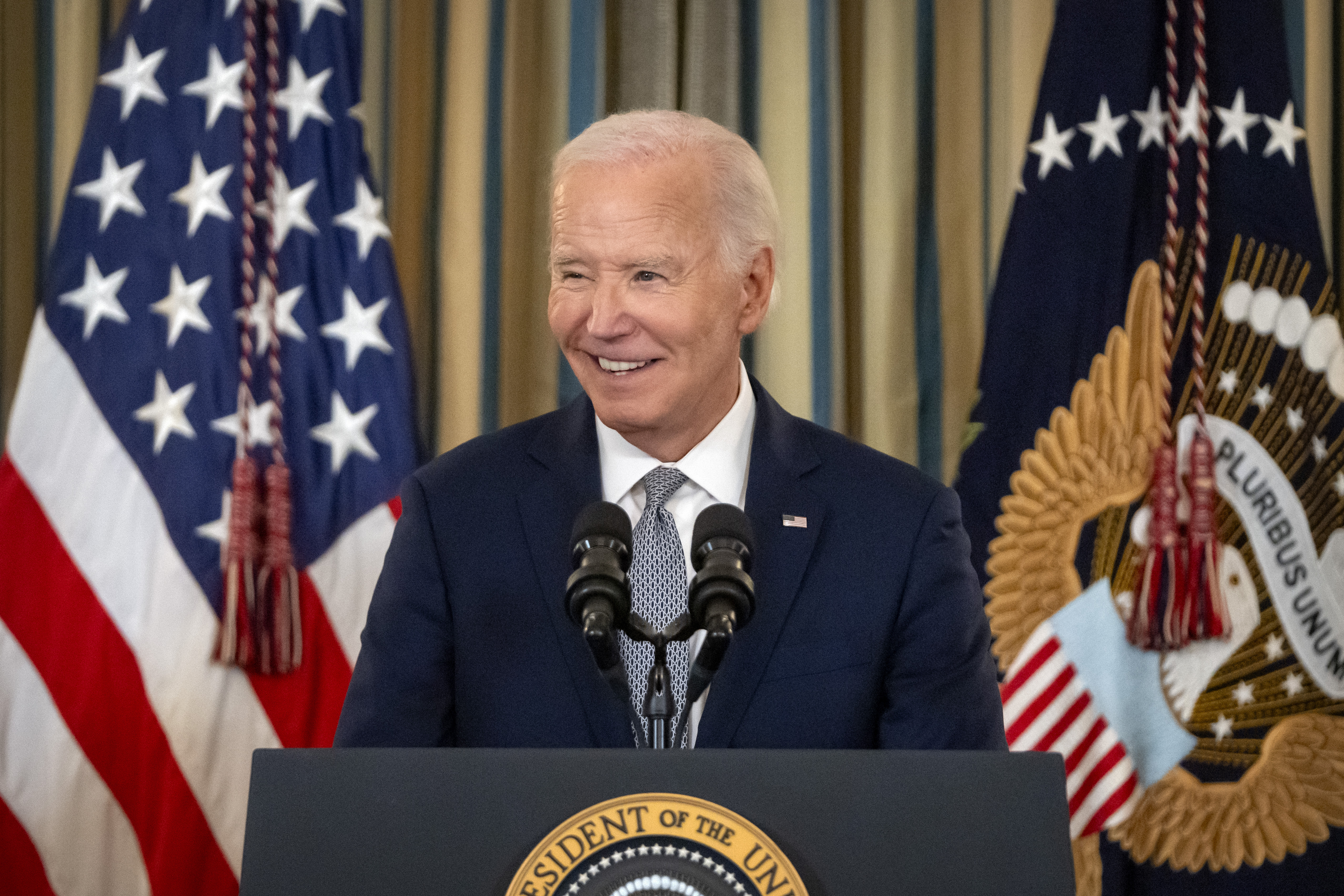 President Joe Biden speaks during an event to mark his administration's efforts to confirm federal judges during his term in the State Dining Room at the White House, Thursday, Jan. 2, 2025, in Washington. (AP Photo/Mark Schiefelbein)