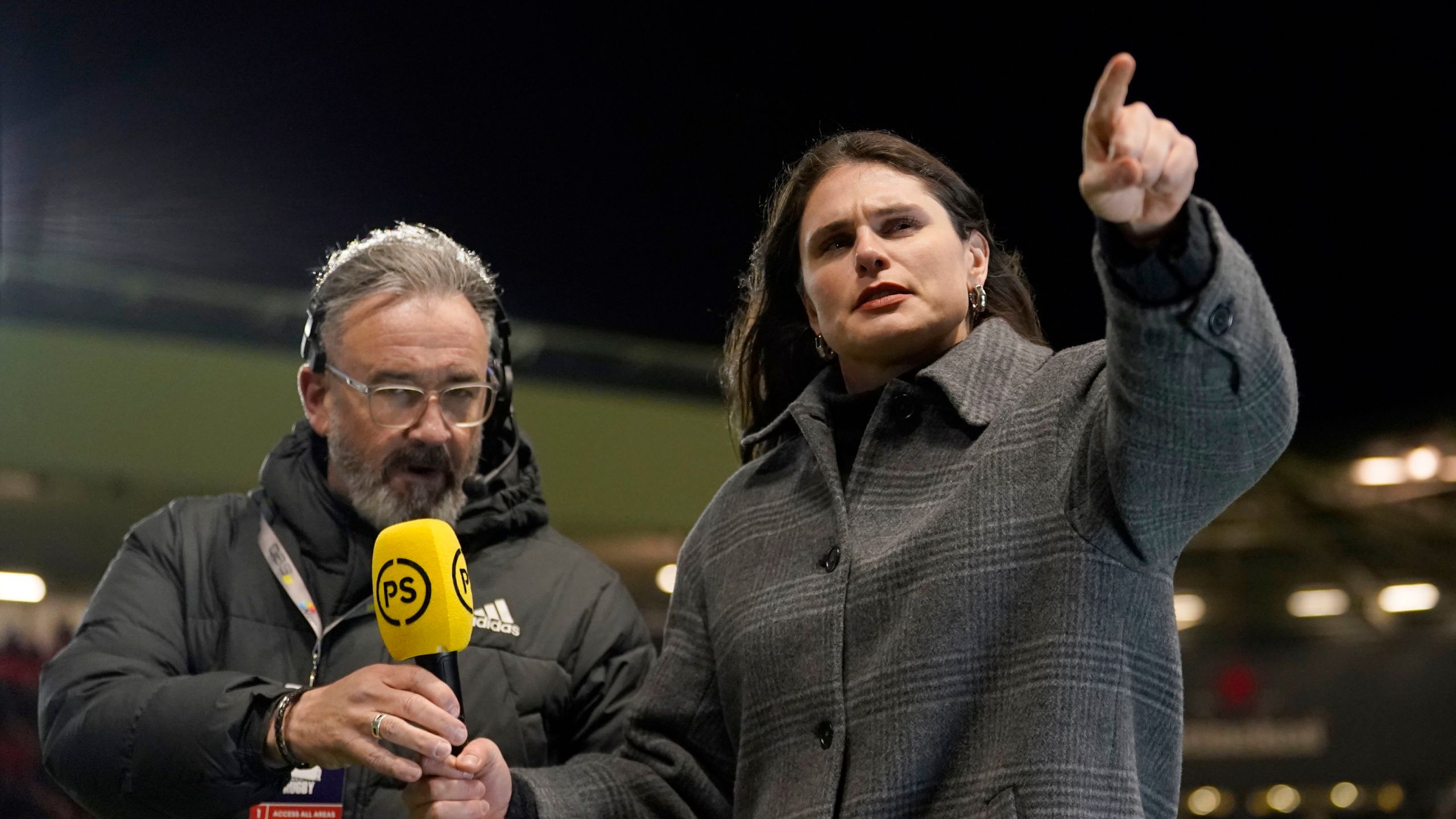 Bristol Bears' Ilona Maher, right, is interviewed at half time during the Champions Cup rugby union match at Ashton Gate, Bristol, England, Sunday Dec. 8, 2024. (Andrew Matthews/PA via AP)