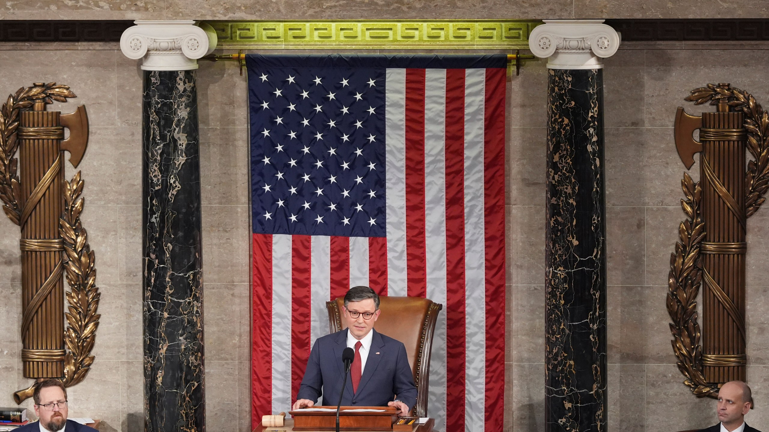 House Speaker Mike Johnson, R-La., speaks after being re-elected as the House of Representatives meets to elect a speaker and convene the new 119th Congress at the Capitol in Washington, Friday, Jan. 3, 2025. (AP Photo/Jacquelyn Martin)