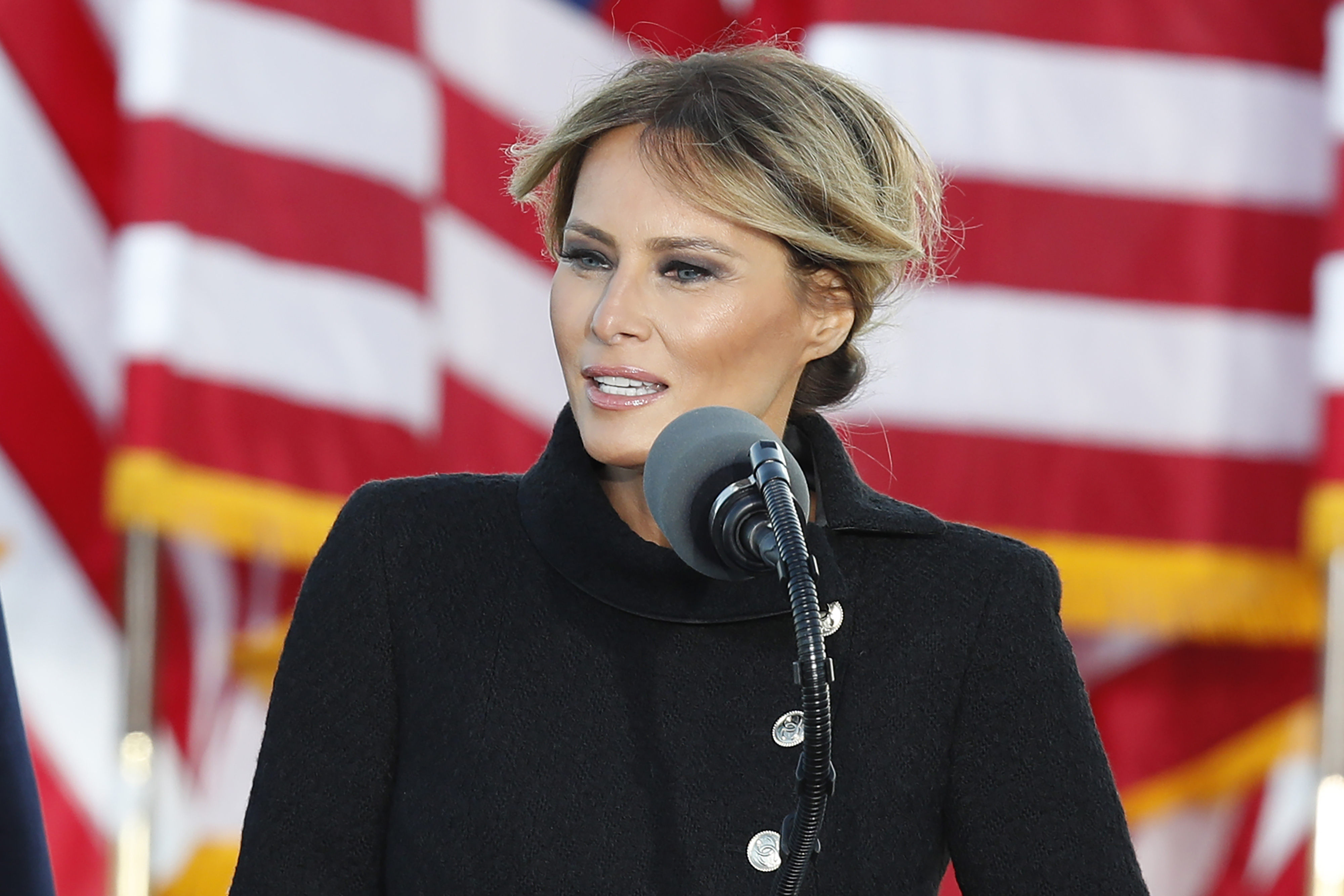 FILE - First lady Melania Trump speaks to a small group of supporters at Andrews Air Force Base, Md., Jan. 20, 2021. (AP Photo/Luis M. Alvarez, File)