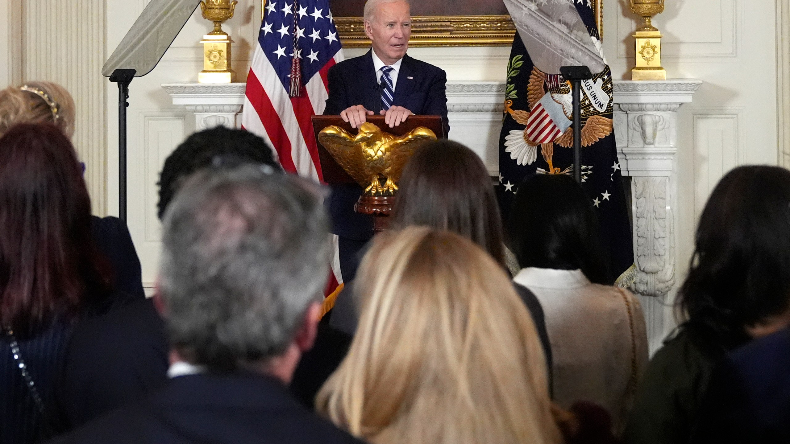 President Joe Biden speaks at a reception for new Democratic members of Congress in the State Dining Room of the White House, Sunday, Jan. 5, 2025, in Washington. (AP Photo/Manuel Balce Ceneta)