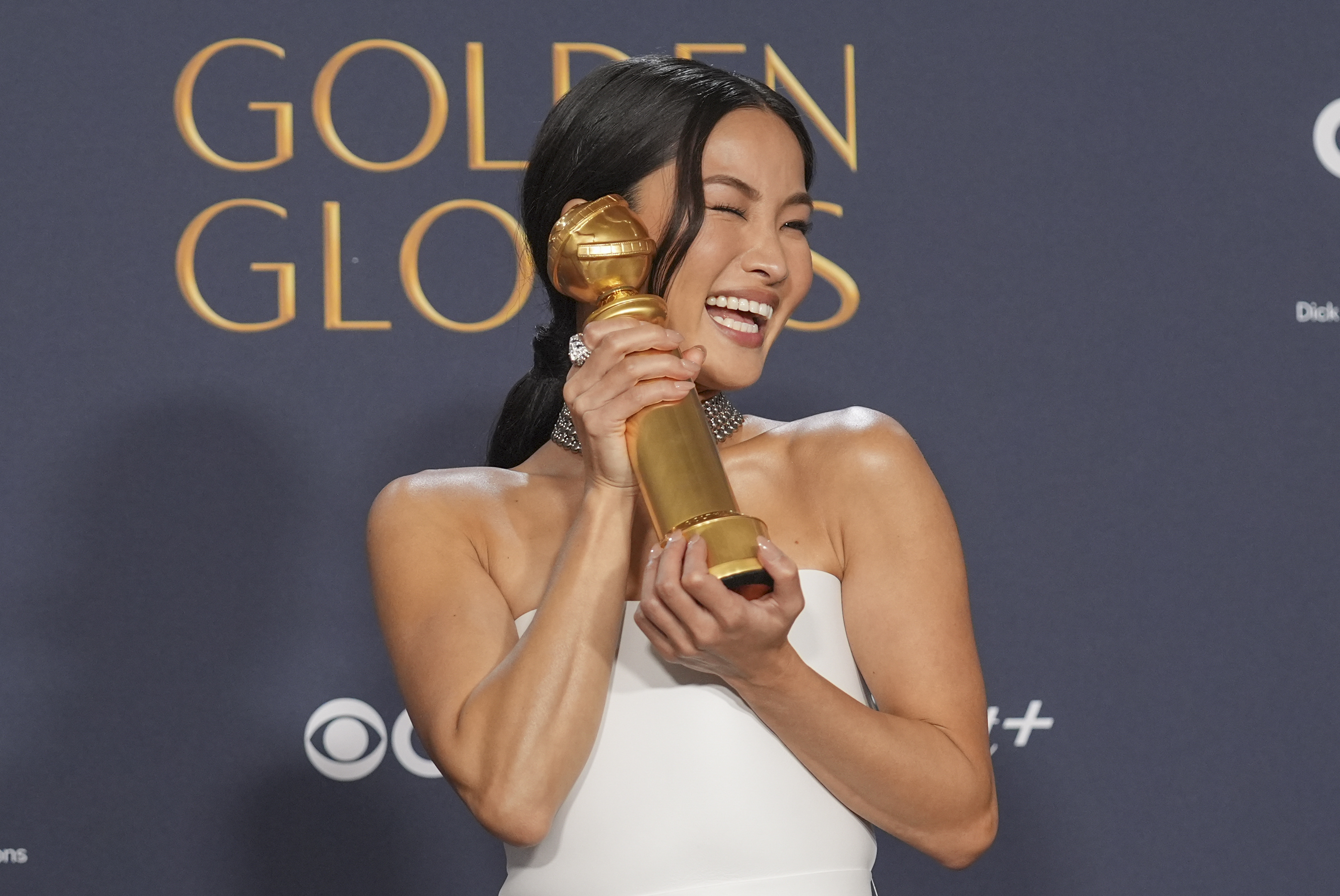 Anna Sawai poses in the press room with the award for best performance by a female actor in a television series - drama for "Shogun" during the 82nd Golden Globes on Sunday, Jan. 5, 2025, at the Beverly Hilton in Beverly Hills, Calif. (AP Photo/Chris Pizzello)