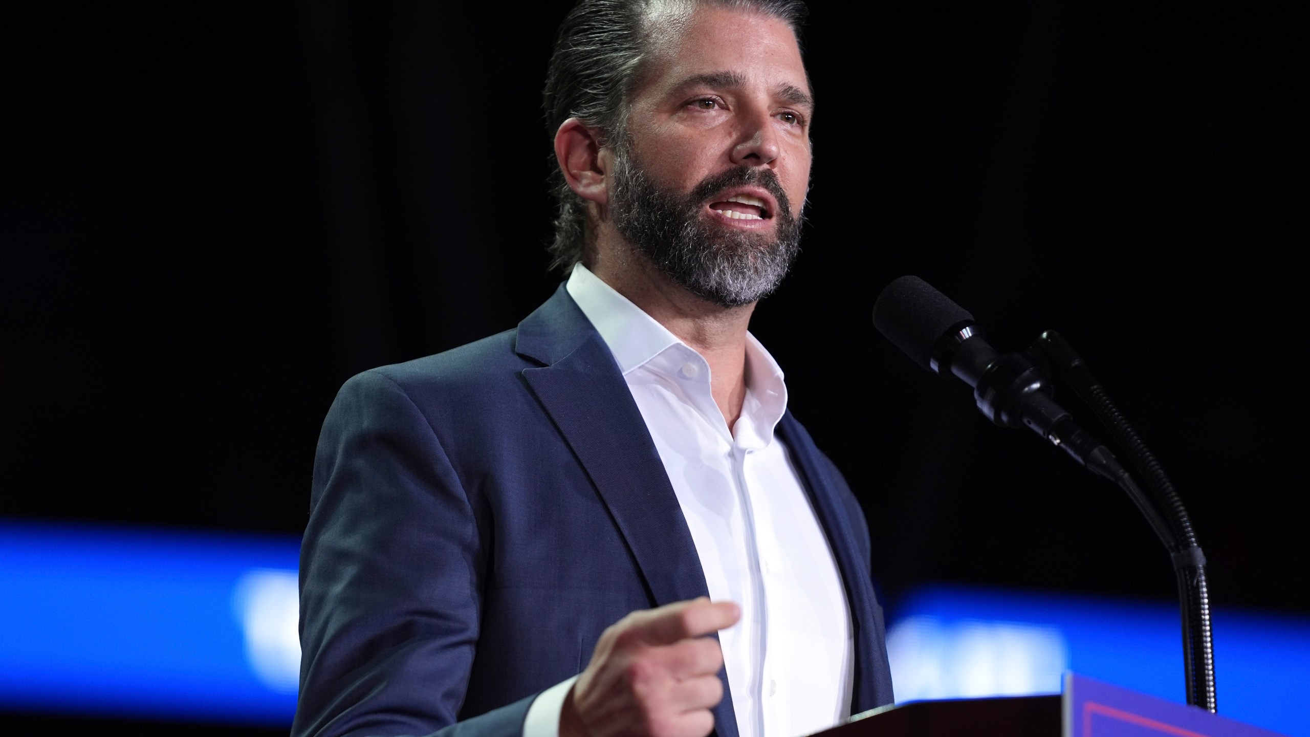 FILE - Donald Trump Jr., speaks at a campaign rally, Nov. 5, 2024, in Grand Rapids, Mich. (AP Photo/Evan Vucci, File)