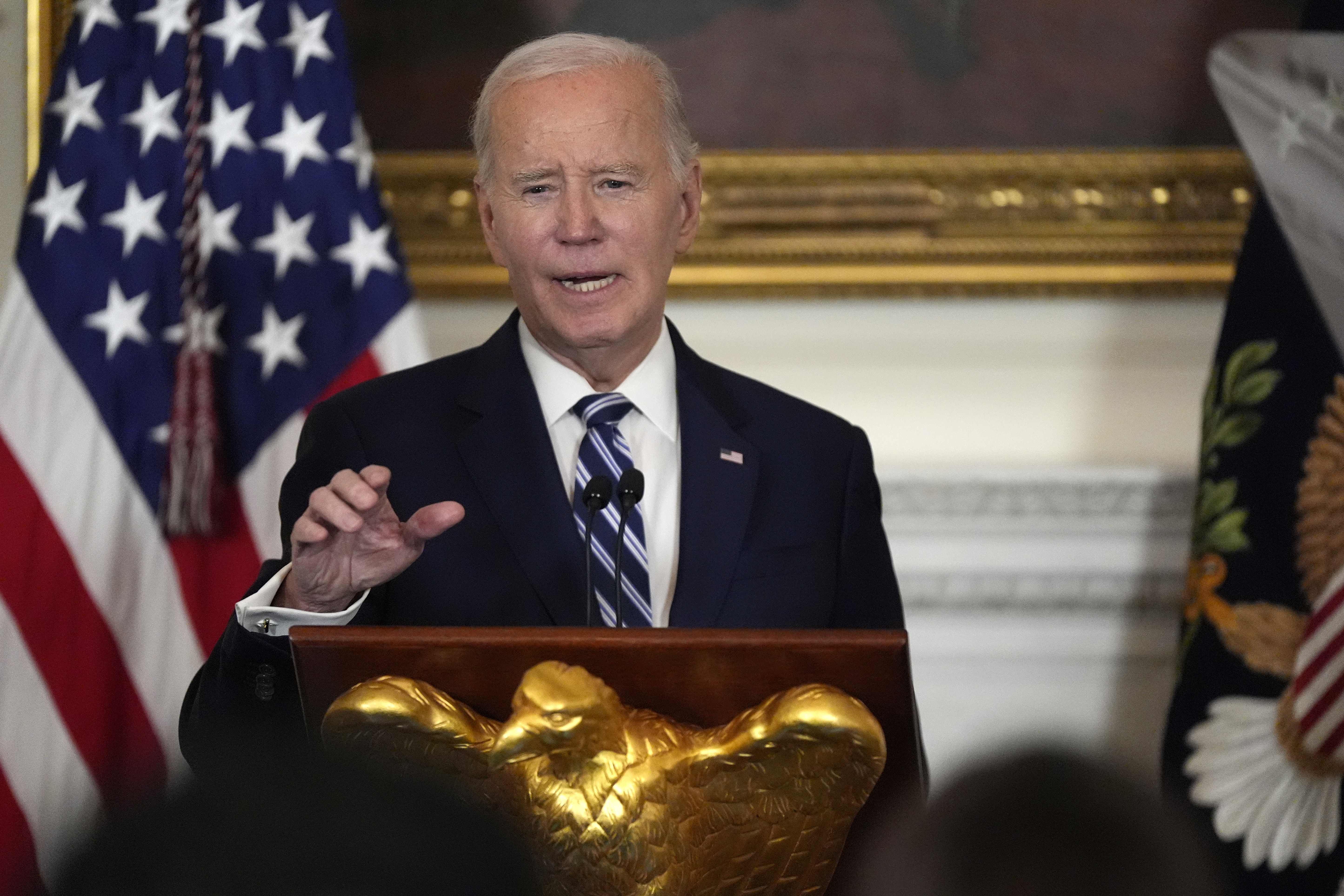 President Joe Biden speaks at a reception for new Democratic members of Congress in the State Dining Room of the White House, Sunday, Jan. 5, 2025, in Washington. (AP Photo/Manuel Balce Ceneta)